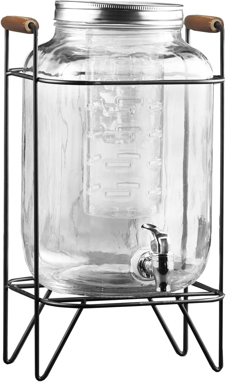 Clear Glass Beverage Dispenser with Metal Stand and Lid, 2 Gallon