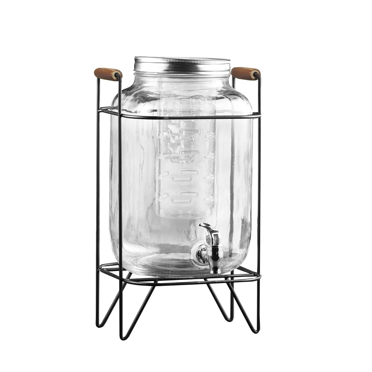 Clear Glass Beverage Dispenser with Metal Stand and Lid, 2 Gallon