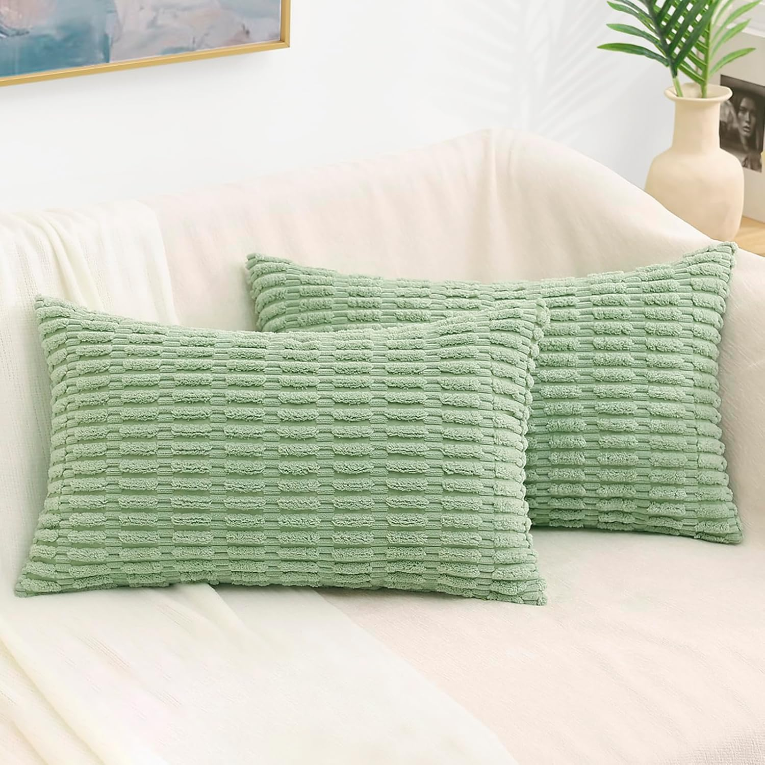 Boho Sage Green Striped Corduroy Pillow Covers - Set of 2 | Farmhouse Rectangle Cushion Cases for Sofa Couch Bed | Soft Decorative Throw Pillowcases - 12x20 Inch Home Decor