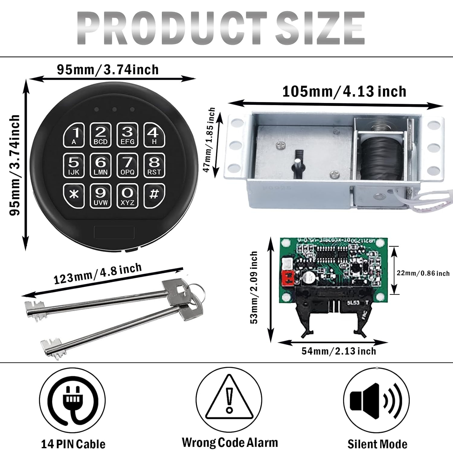 WAH LIN PARTS Gun Safe Lock Replacement Chrome Keypad DIY Safe Electronic Lock with Solenoid 2 Override Keys, Fireproof Electronic Box Lock