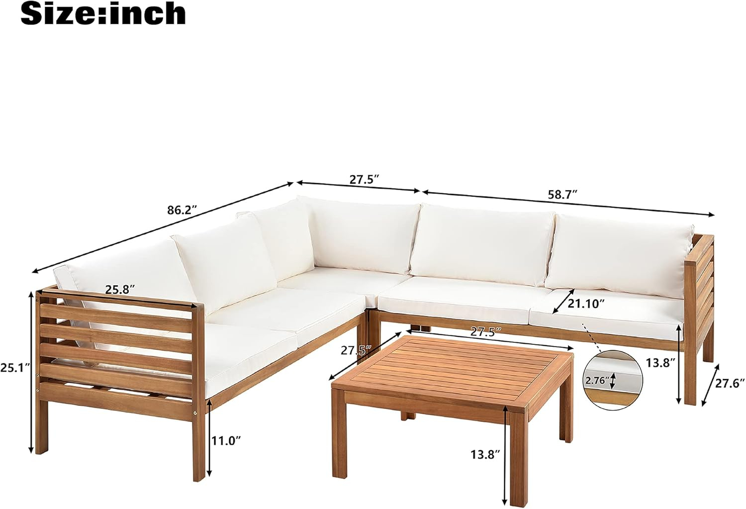 4 Piece Outdoor Patio Furniture Set, Acacia Wood Sectional Sofa w/Seat Beige Cushions, Patio Sectional Conversation Seat with Coffee Table and Strong Metal Accessories