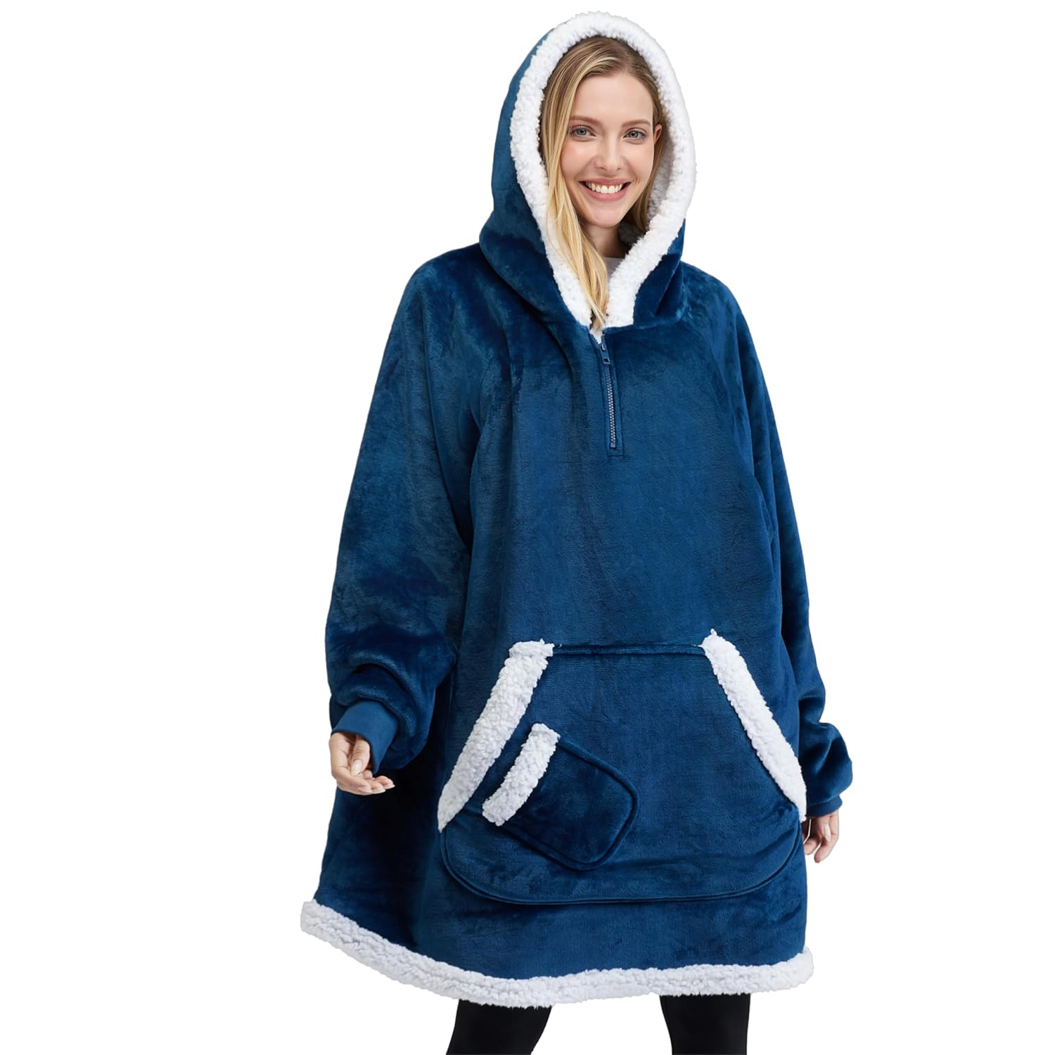 Giggling Getup Wearable Blanket Hoodie for Women Men - Oversized Flannel Sherpa Fleece Hooded Blanket - Soft Cozy Warm Blanket Sweatshirt Gifts with Giant Pocket and Sleeves for Adult Navy