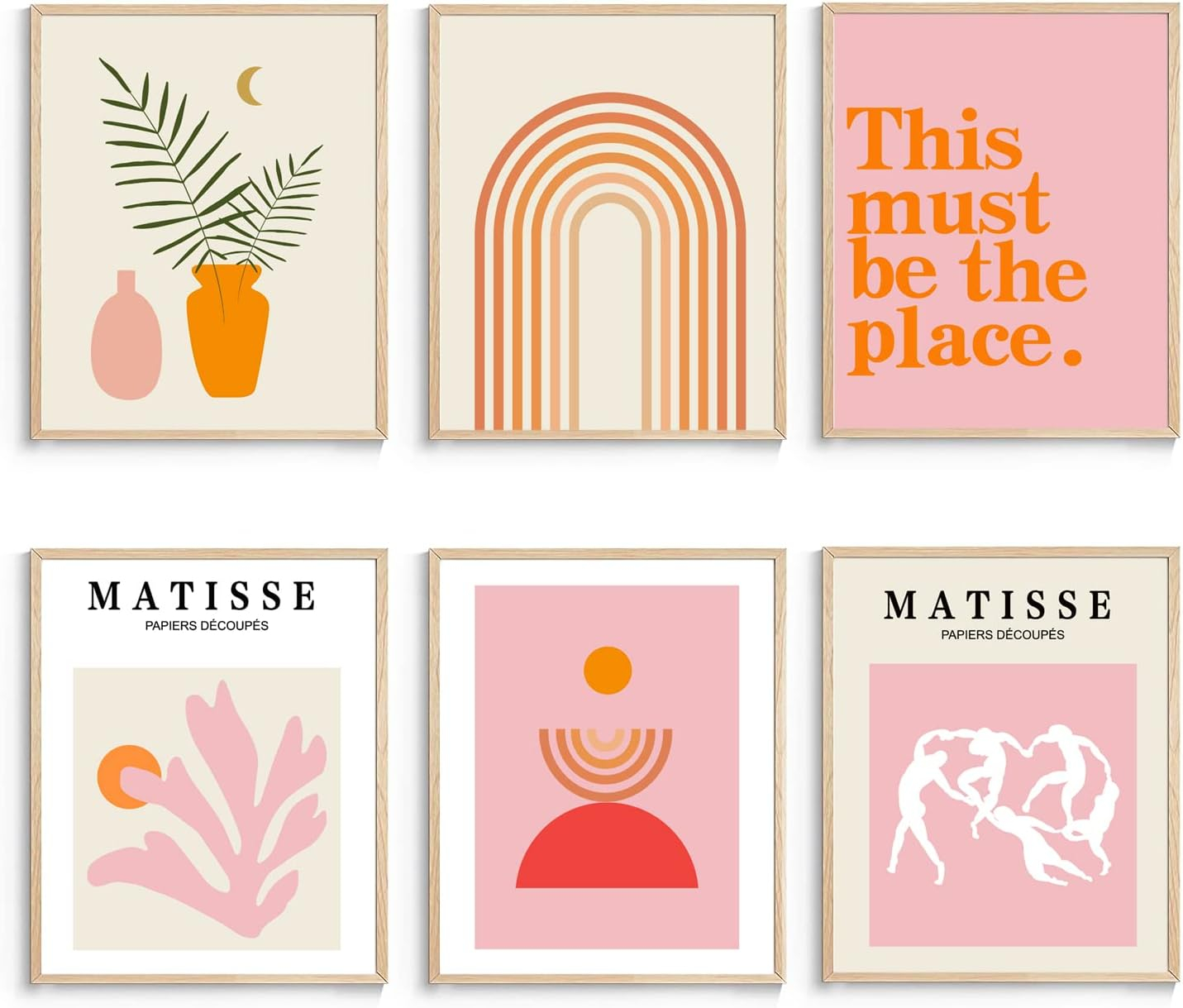 Matisse Wall Art and Boho Wall Prints UNFRAMED, Minimalist Aesthetic Images Decor, Pink Print Set, Orange Posters for Room, 8x10in, Set of 6