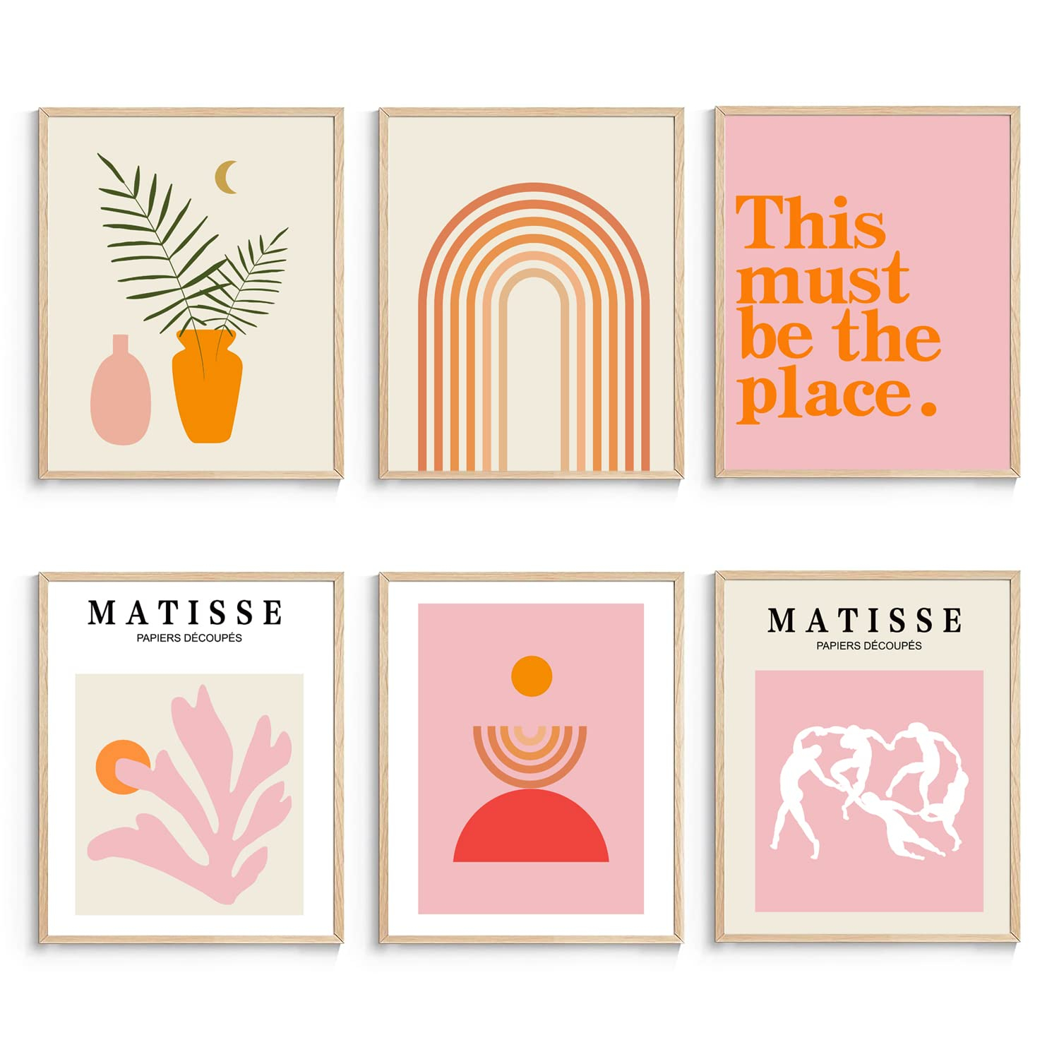 Matisse Wall Art and Boho Wall Prints UNFRAMED, Minimalist Aesthetic Images Decor, Pink Print Set, Orange Posters for Room, 8x10in, Set of 6