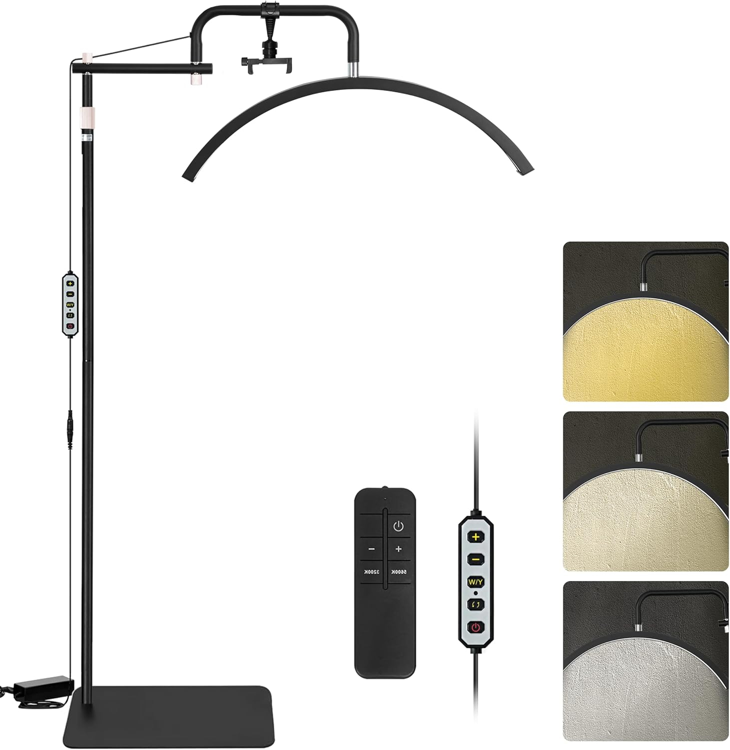 Lash Lamp - Esthetician Light for Eyelash Tech,Tattoo Artists, Nail Tech, Led Half Moon Light for Lashes Extensions, Warm/Cool Floor Piano Lamp with Phone Holder, Adjustable Brightness & Height