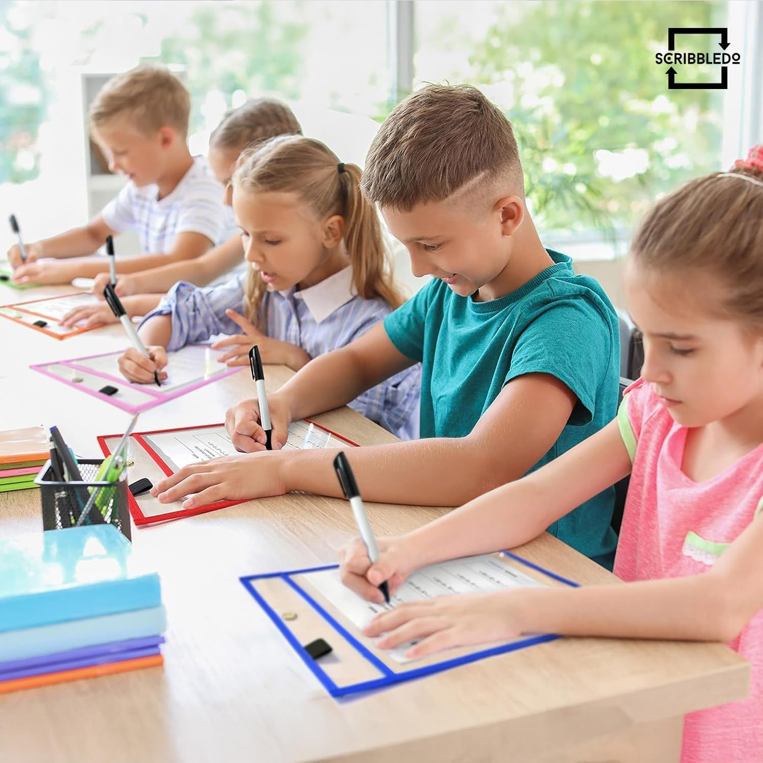 SCRIBBLEDO Dry Erase Pockets Reusable Dry Erase Sleeves with Marker Holder Colorful Dry Erase Pocket Sleeves for School Classroom or Work Ticket Holders Assorted Colors 50 Pack