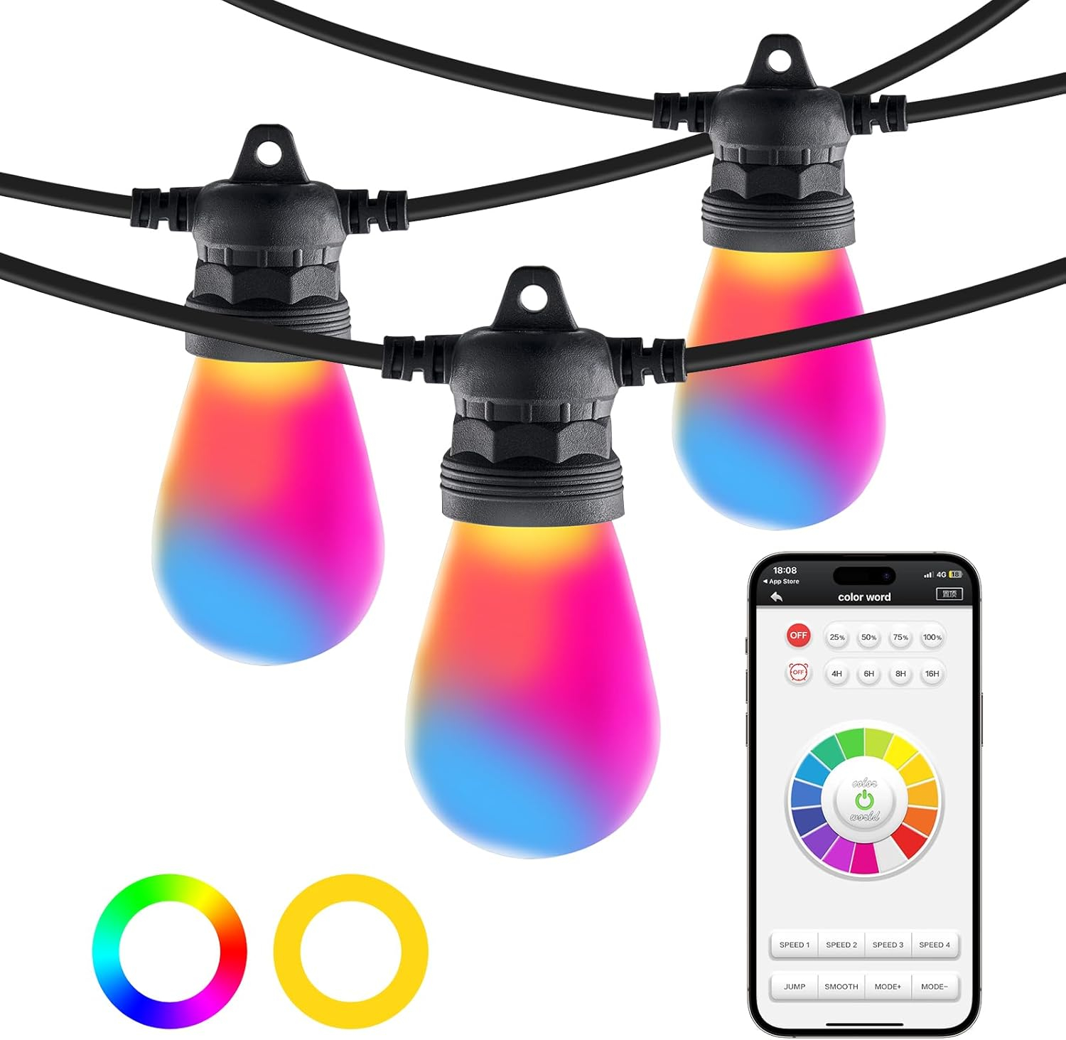 VEVOR RGB Outdoor String Lights, 100FT, Outside Patio Lights with APP Control 30 Bulbs, 15 Single-Color Adjustable Brightness Time Setting, Waterproof Hanging Lights for Halloween Decoration Christmas