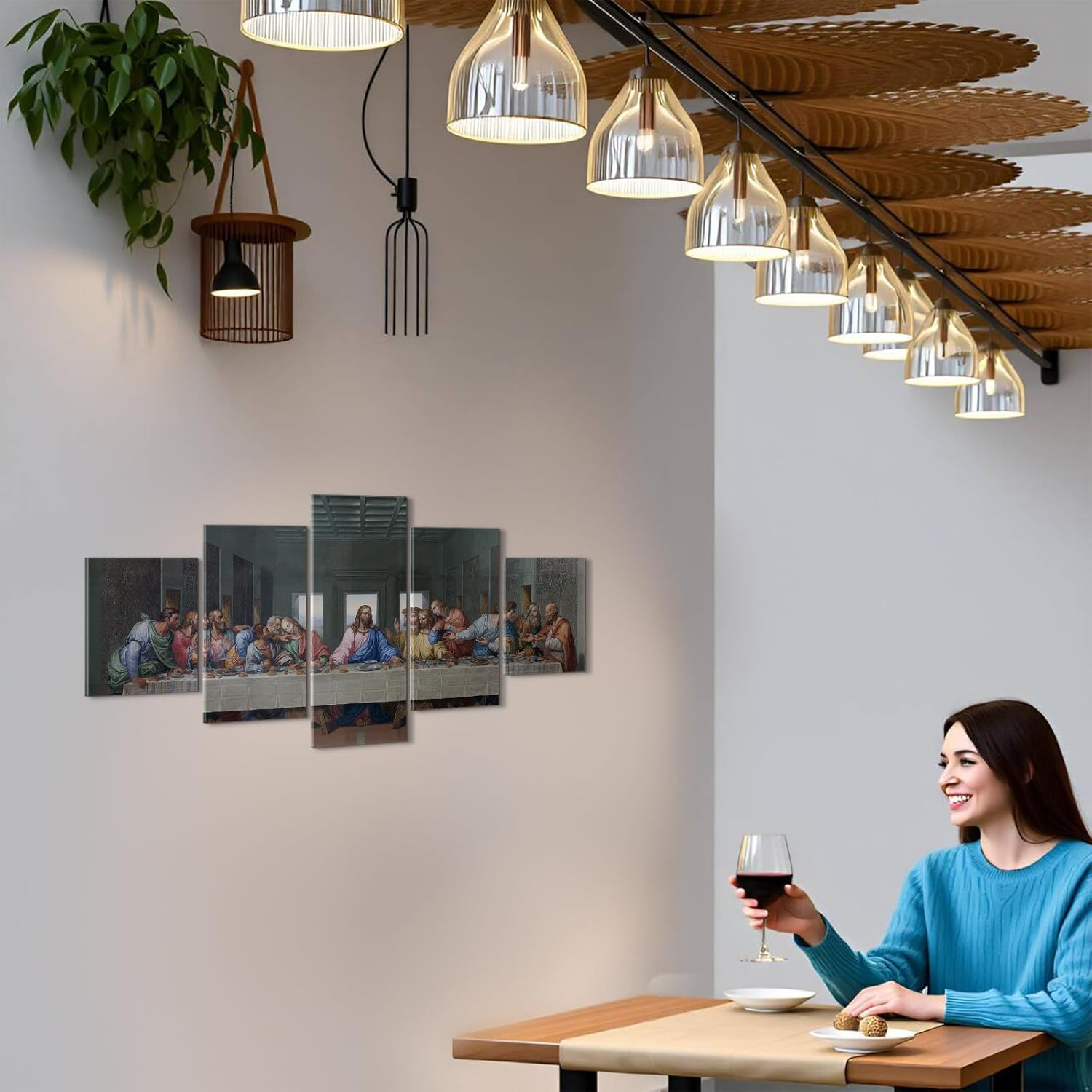 YOUHONG 5 Piece Classic Jesus Wall Art Modern The Last Supper Famous Oil Painting by Da Vinci Reproduction Canvas Giclee Artwork Stretched Ready to Hang for Home Decor (70''W x 40''H)