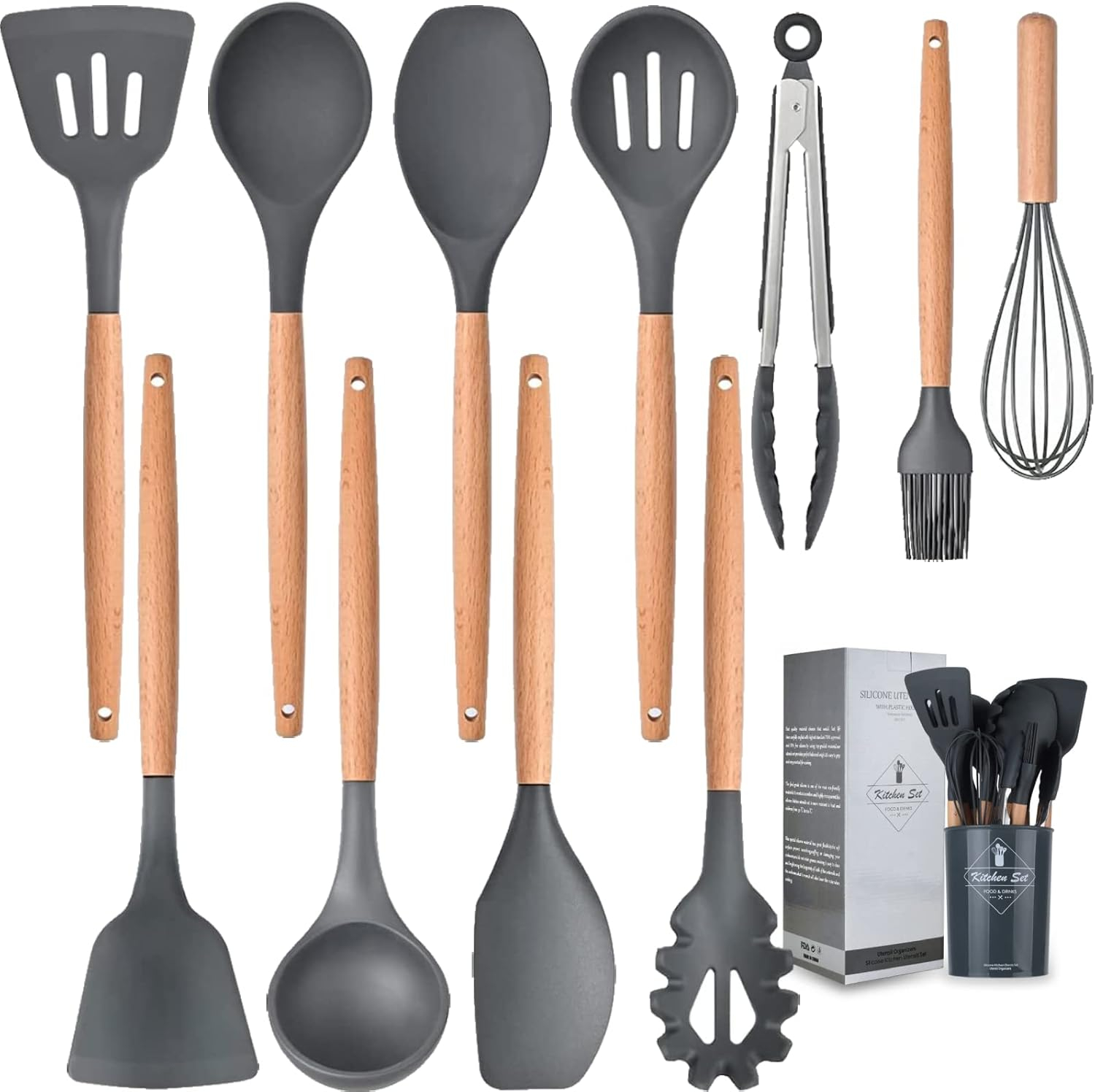 VIVAYO Silicone Cooking Utensil Kitchen Utensils Set, 12 Pieces Silicone Kitchen Utensil Wooden Handles, Kitchen Spatula Sets with Holder Spoon Turner Tongs, Gray