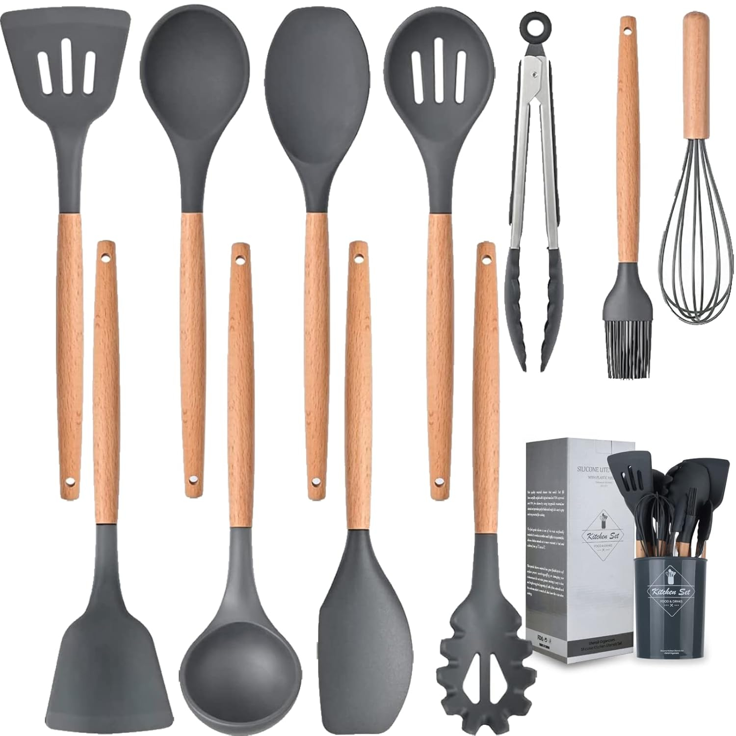 VIVAYO Silicone Cooking Utensil Kitchen Utensils Set, 12 Pieces Silicone Kitchen Utensil Wooden Handles, Kitchen Spatula Sets with Holder Spoon Turner Tongs, Gray