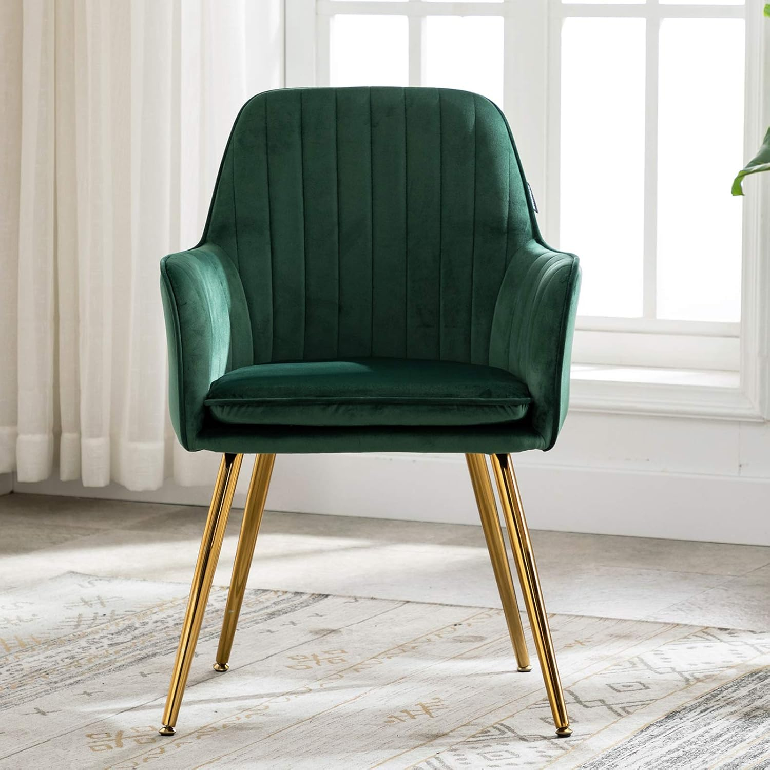 Artechworks Accent Living Dining Room Velvet Arm Chair Club Leisure Guest Lounge Bedroom Upholstered Chair with Gold Metal Legs, Green