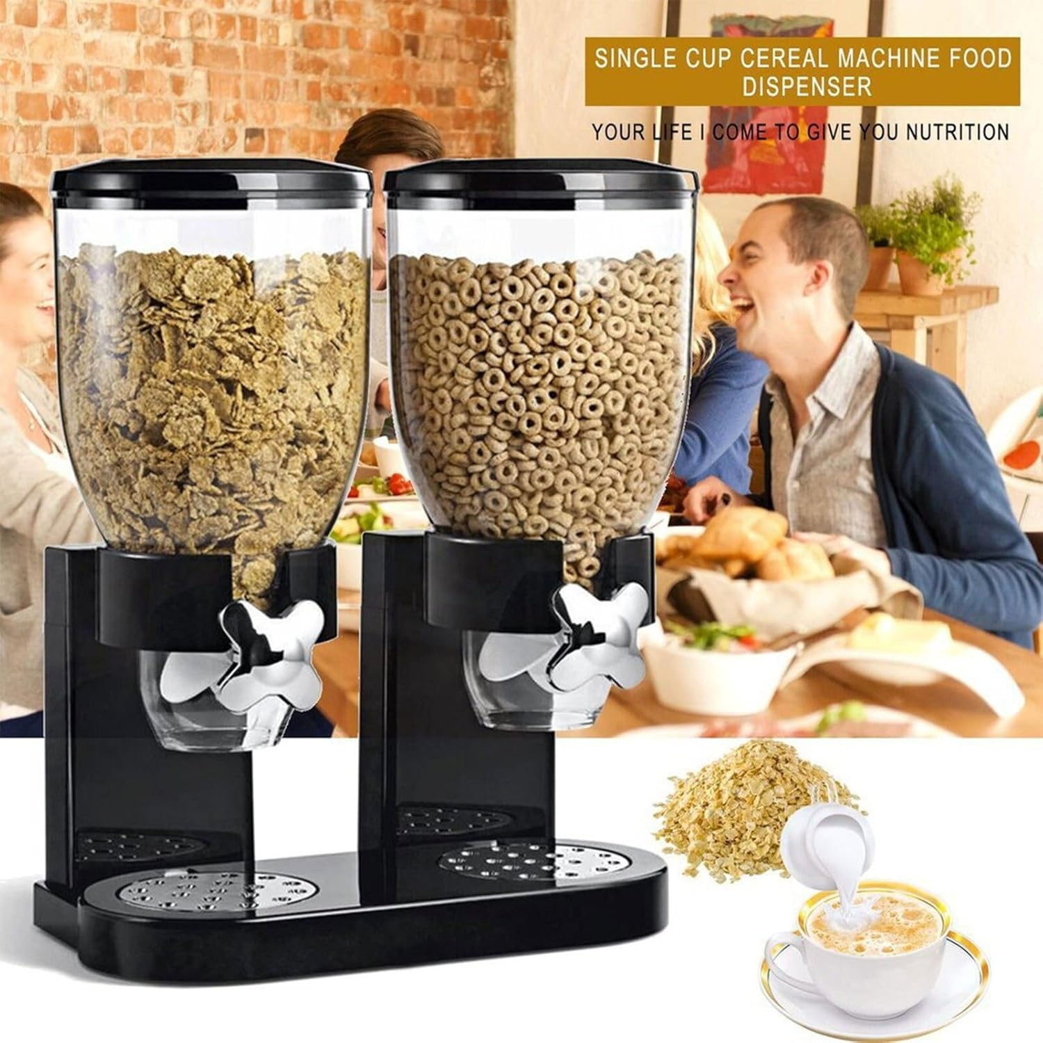 Dual Cereal Dispensers 2L Capacity Each, Storage Countertop Cereal Containers, Dry Food Dispenser with Dual Control, for Nuts Rice Granola