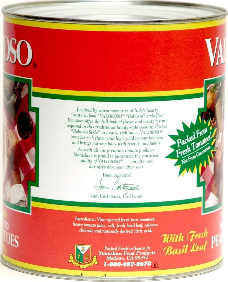 Stanislaus Valoroso Robusto Style Whole Peeled Pear Tomatoes with Basil Leaf, 6-Pound 8-Ounce No. 10 Can