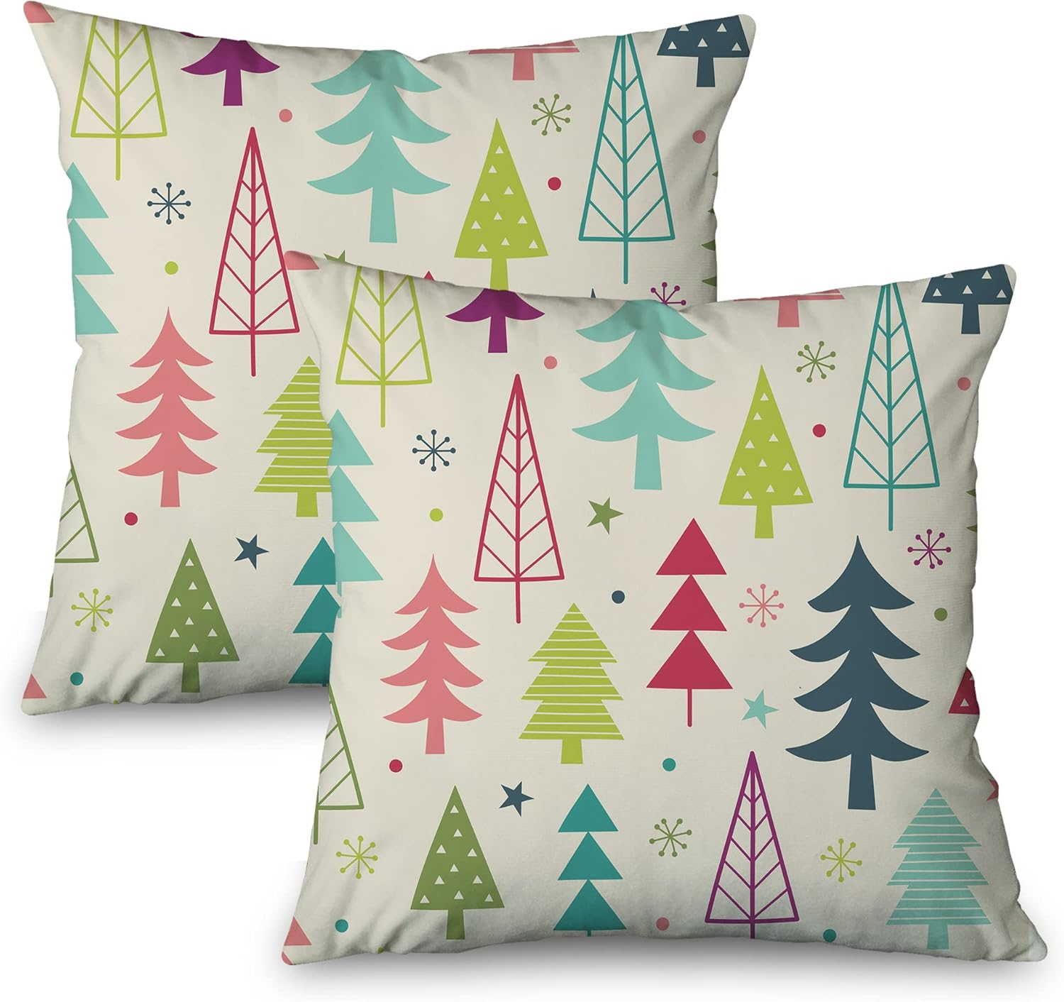 Decorative Throw Pillow Cover Square 18x18 set of 2, Colorful Christmas Tree Cute Winter Holiday Abstract Art Holidays Farmhouse December Home Decor Zippered Pillowcase for Couch Sofa Living Room
