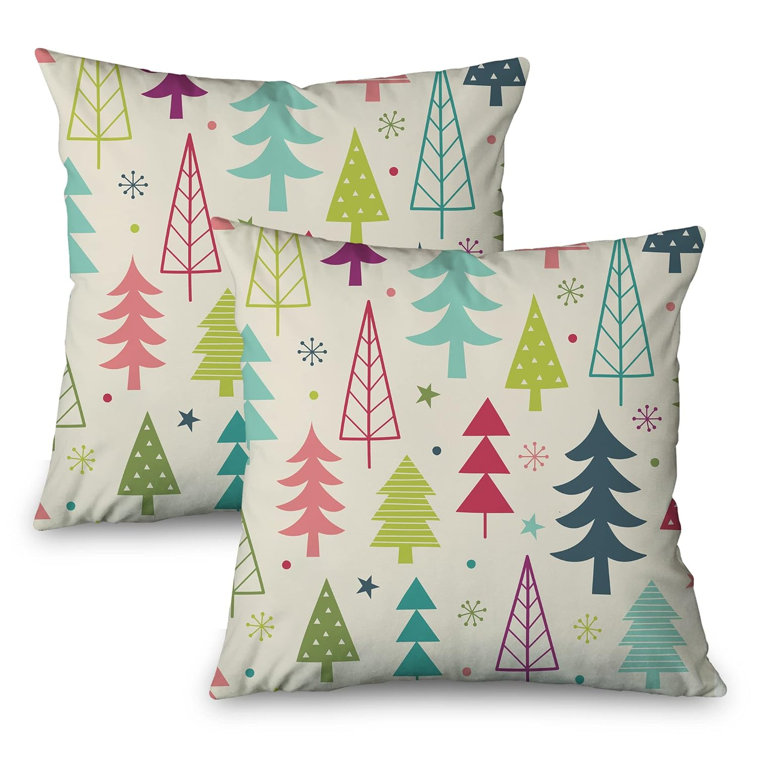 Decorative Throw Pillow Cover Square 18x18 set of 2, Colorful Christmas Tree Cute Winter Holiday Abstract Art Holidays Farmhouse December Home Decor Zippered Pillowcase for Couch Sofa Living Room