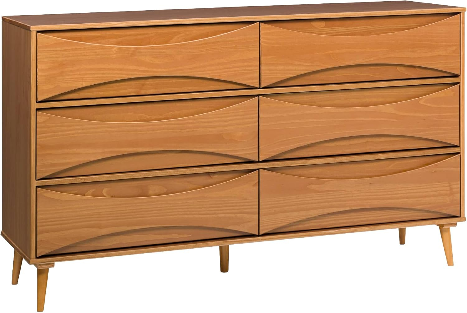 Walker Edison 58” Mid-Century Modern Curved Front 6-Drawer Dresser, Caramel