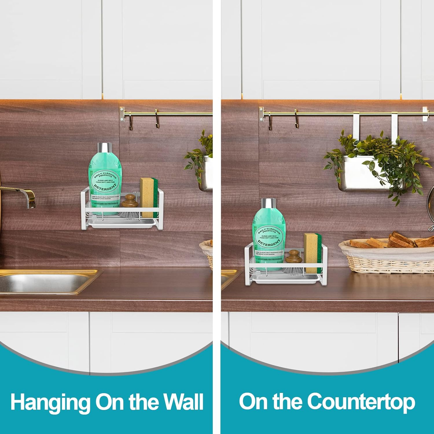 VANTEN Kitchen Sink Caddy - Silver Sink Organizer, Sponge/Soap Dish Dispenser with Brush Holder, Adhesive/Countertop Mount