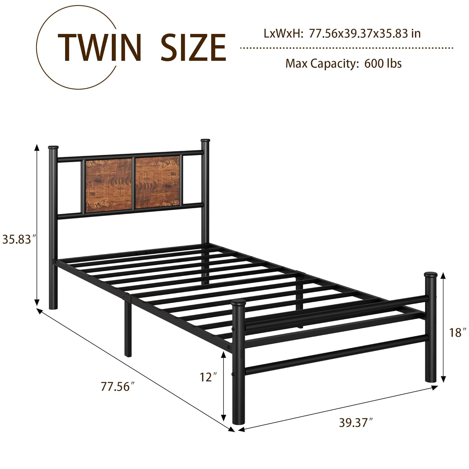 King Size Bed Frame with Rustic Wood Headboard, Metal Heavy Duty Platform, Sturdy Steel Slat Support, No Box Spring Needed, Black King Platform Bed Frame with Headboard