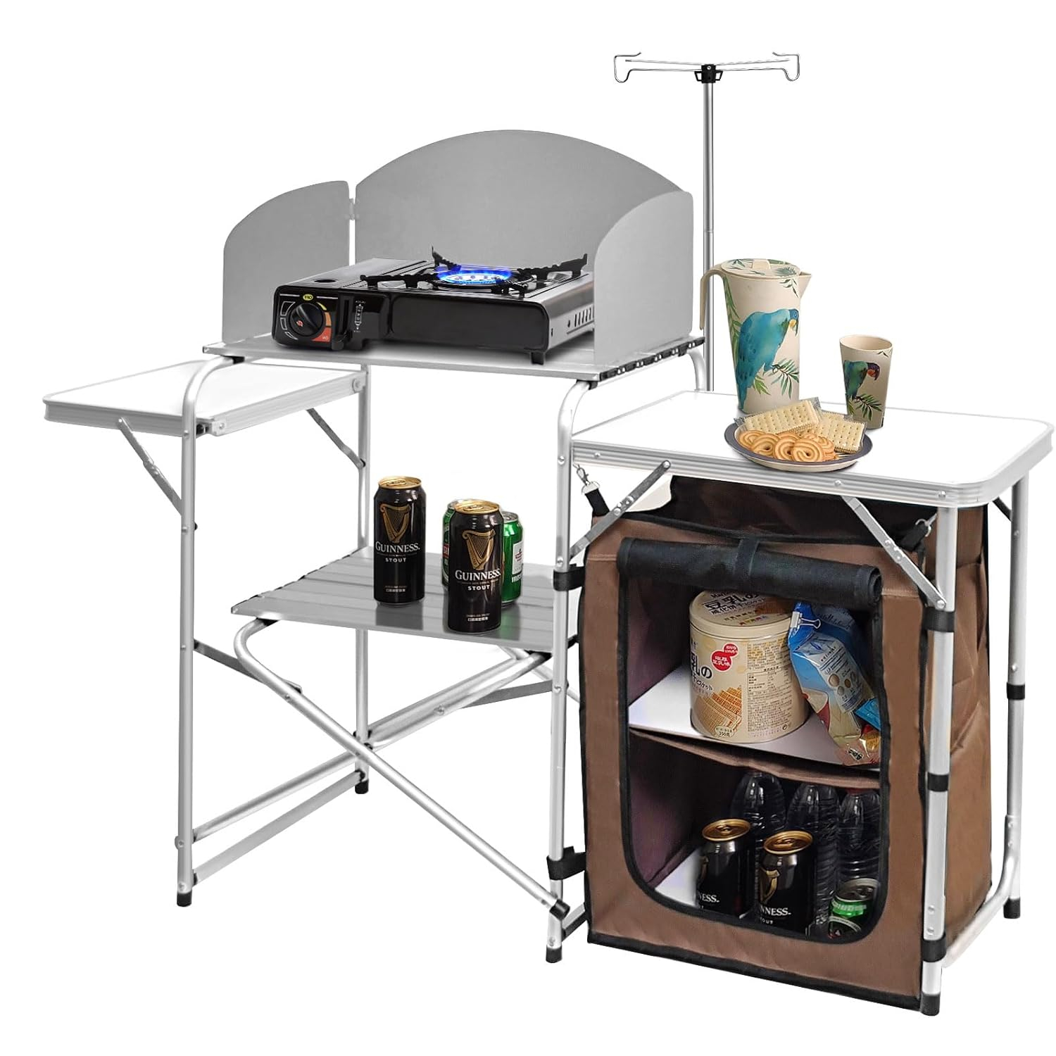 CampLand Folding Cooking Table Outdoor Portable Cook Station Aluminum Camping Kitchen with Storage Organizer, Windscreen, Hooks for BBQ, Party