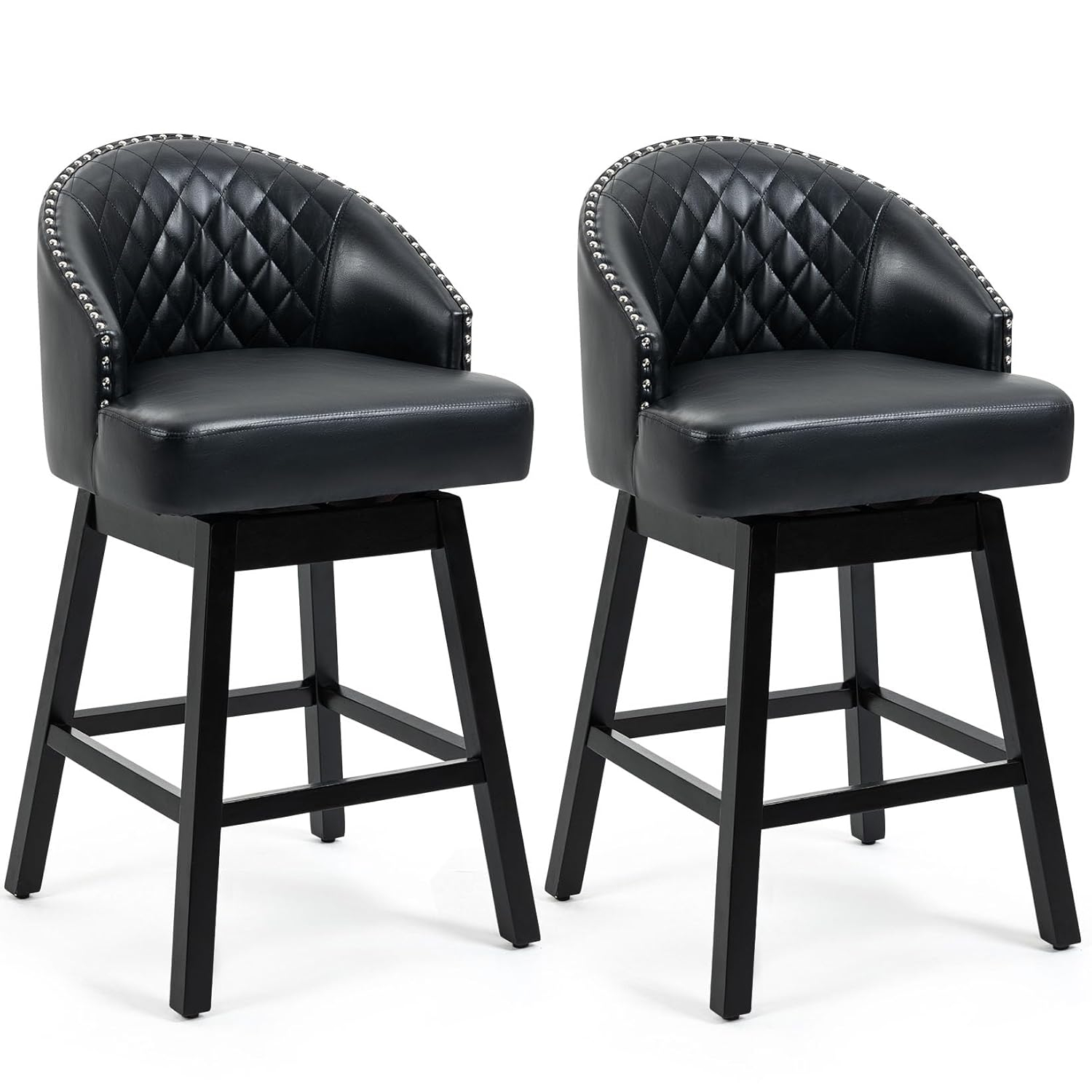 ECOTOUGE Swivel Bar Stools Set of 2, 26" Seat Height Kitchen Stools with Back & Wood Legs, Velvet Upholstered Counter Stools with Pull Ring for Kitchen Island, Dining Room, Pub & Cafe, Black