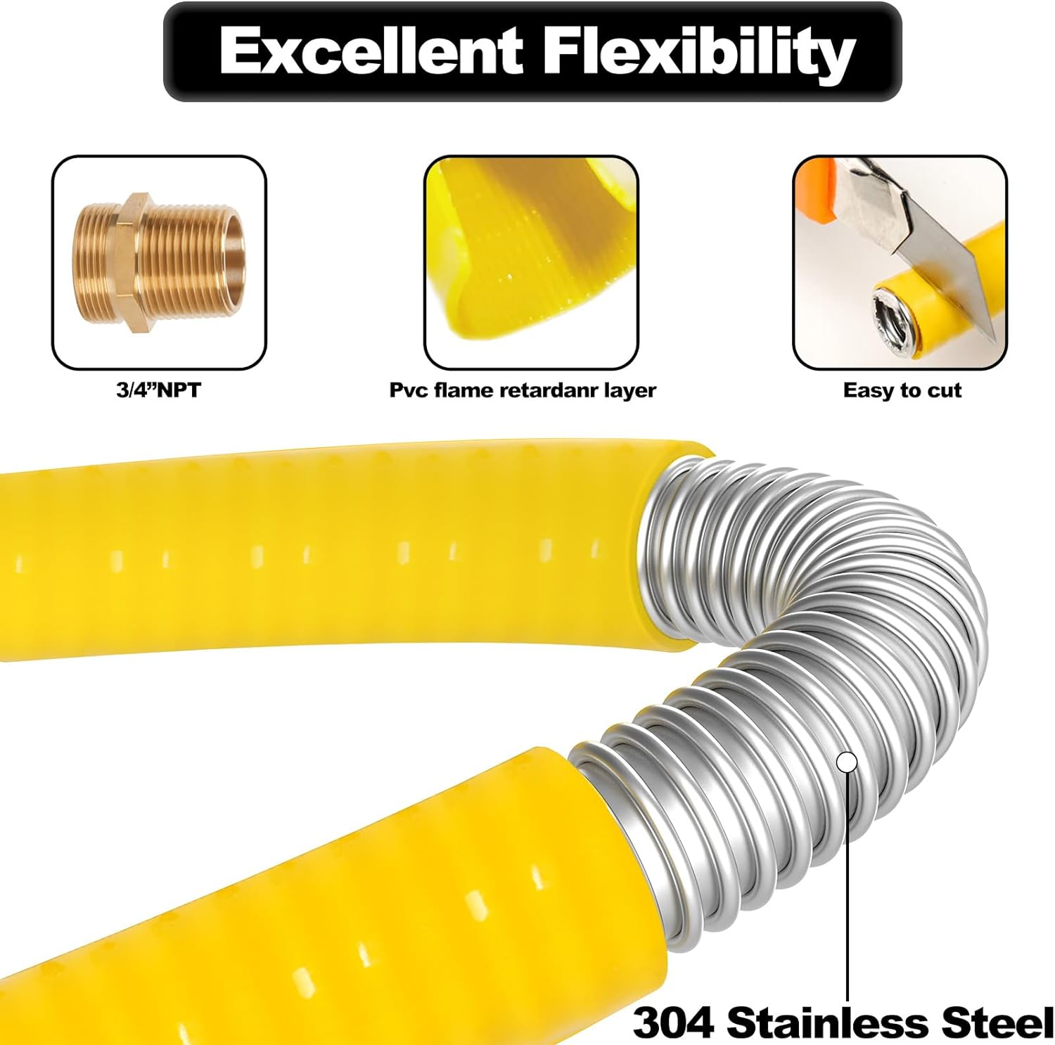 CSST 3/4" Gas Line 70ft Corrugated Stainless Steel Tubing Flexible Gas Line 3/4 Inch Natural Gas Hose Pipe Kit With 2 Male Adapter Fittings