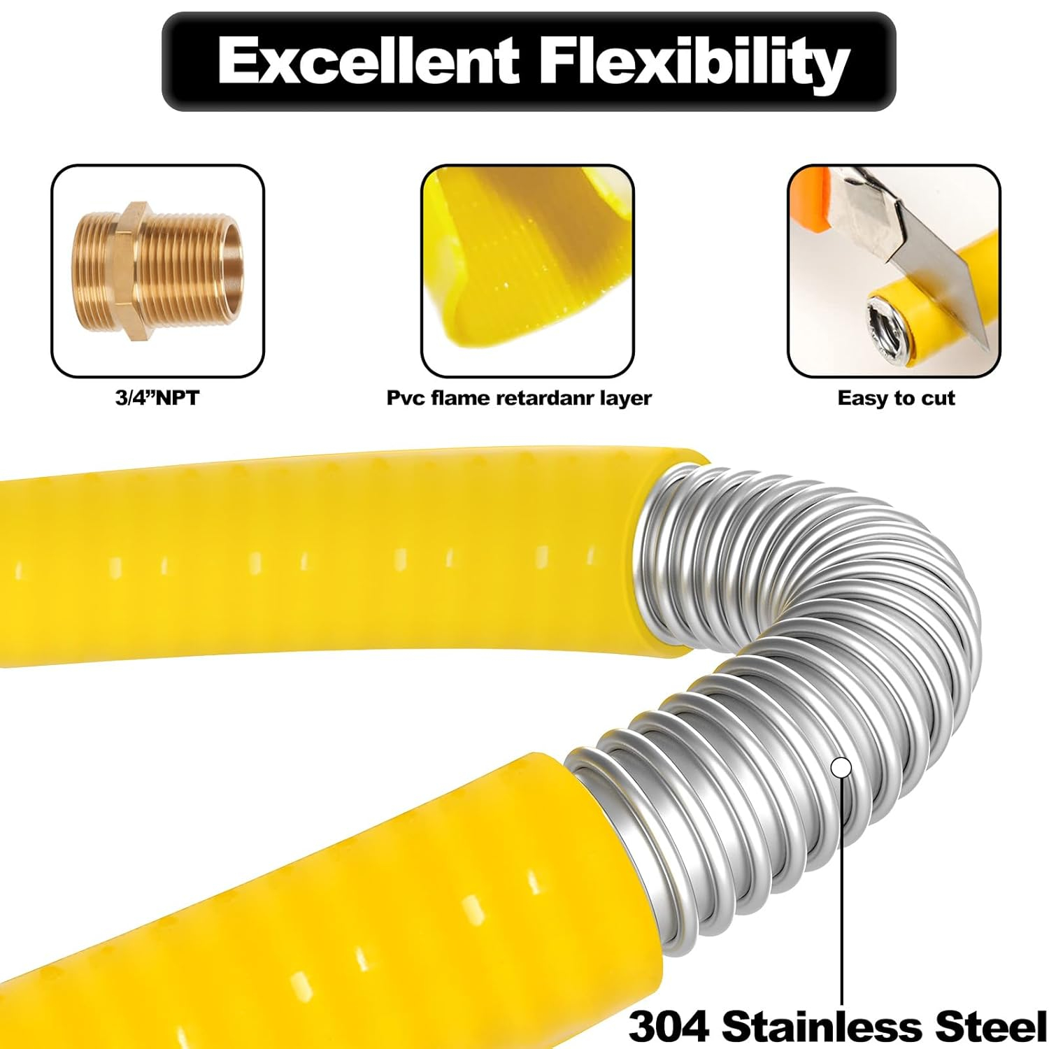 CSST 3/4" Gas Line 70ft Corrugated Stainless Steel Tubing Flexible Gas Line 3/4 Inch Natural Gas Hose Pipe Kit With 2 Male Adapter Fittings