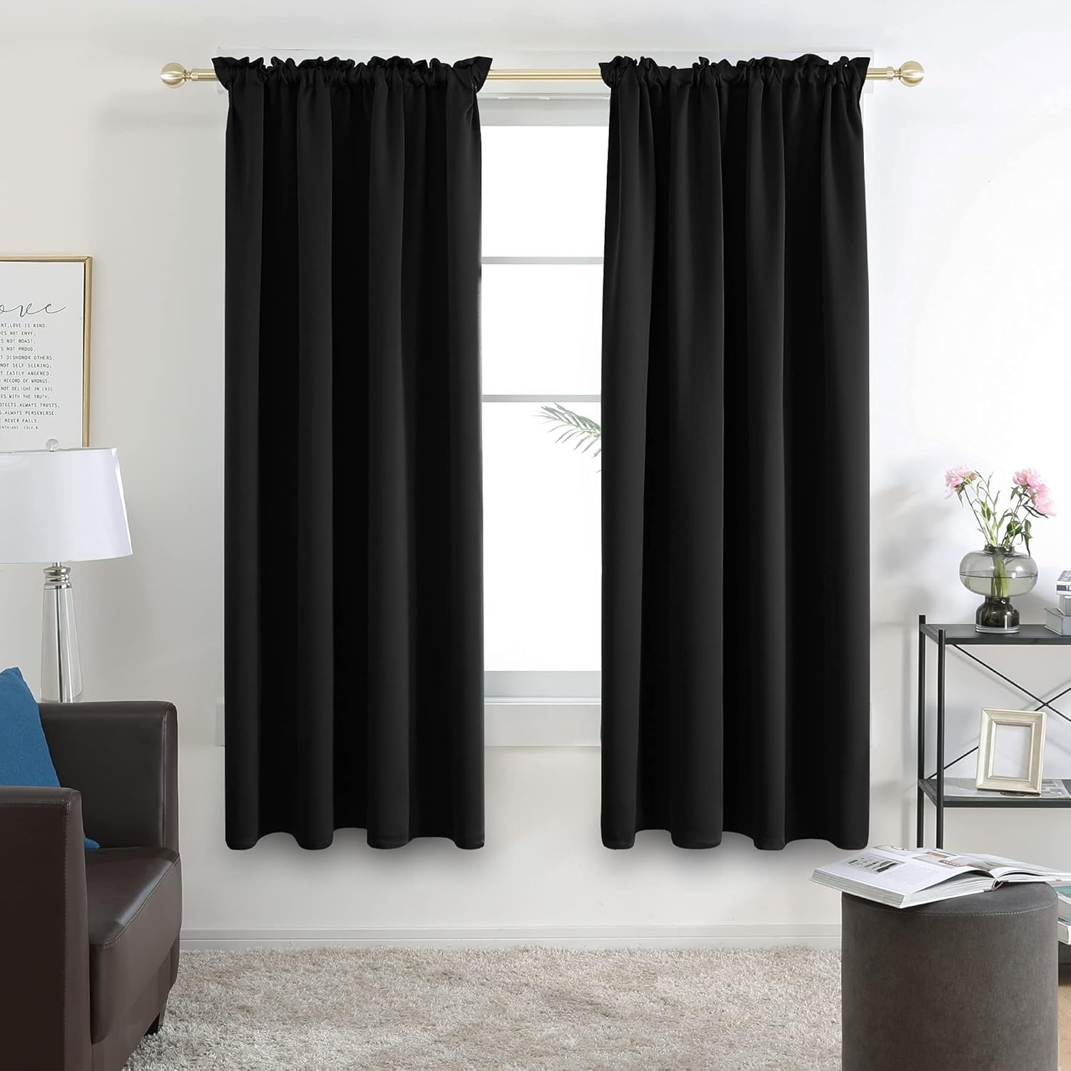 Deconovo Rod Pocket Blackout Curtains for Living Room, 2 Panels, Thermal Insulated, 38" x 63", Black