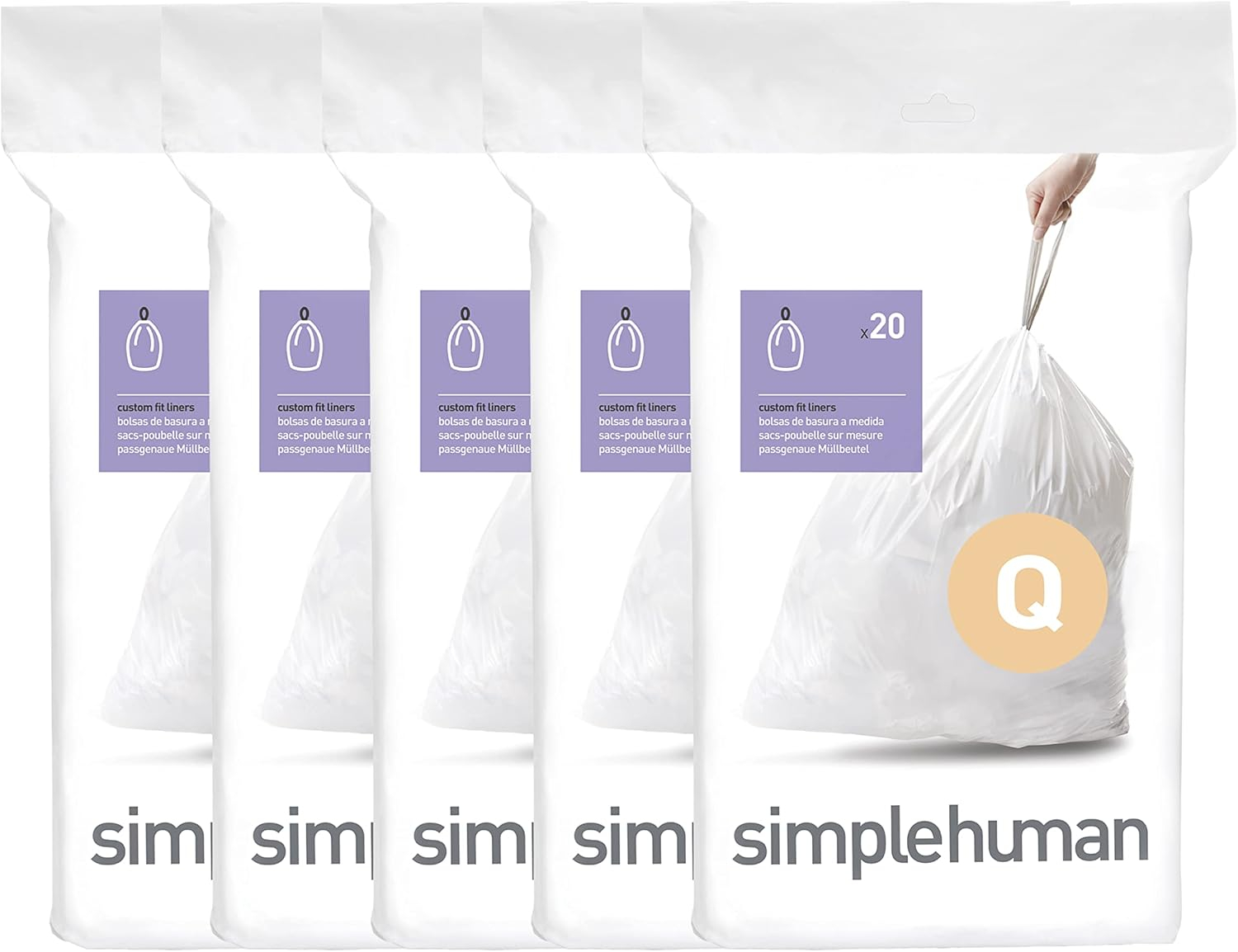 simplehuman Code Q Custom Fit Drawstring Trash Bags in Dispenser Packs, 100 Count, 50-65 Liter / 13-17 Gallon, White