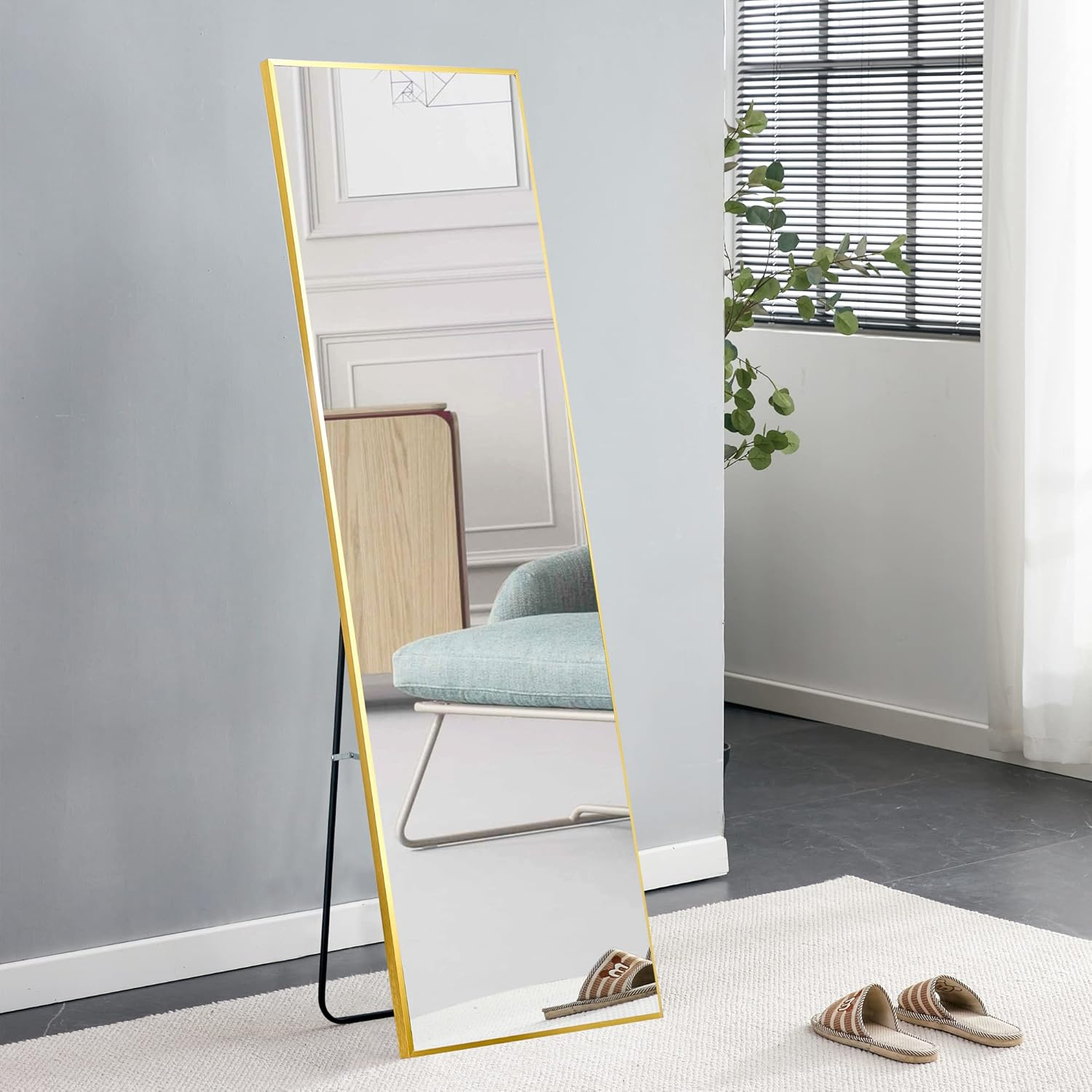 Full Length Mirror with Stand, 63""*20""Floor Mirror with Aluminum Alloy Frame, Standing Full Body Mirror,Wall-Mounted Mirrors,for Living Room,Bedroom,Cloakroom,Golden