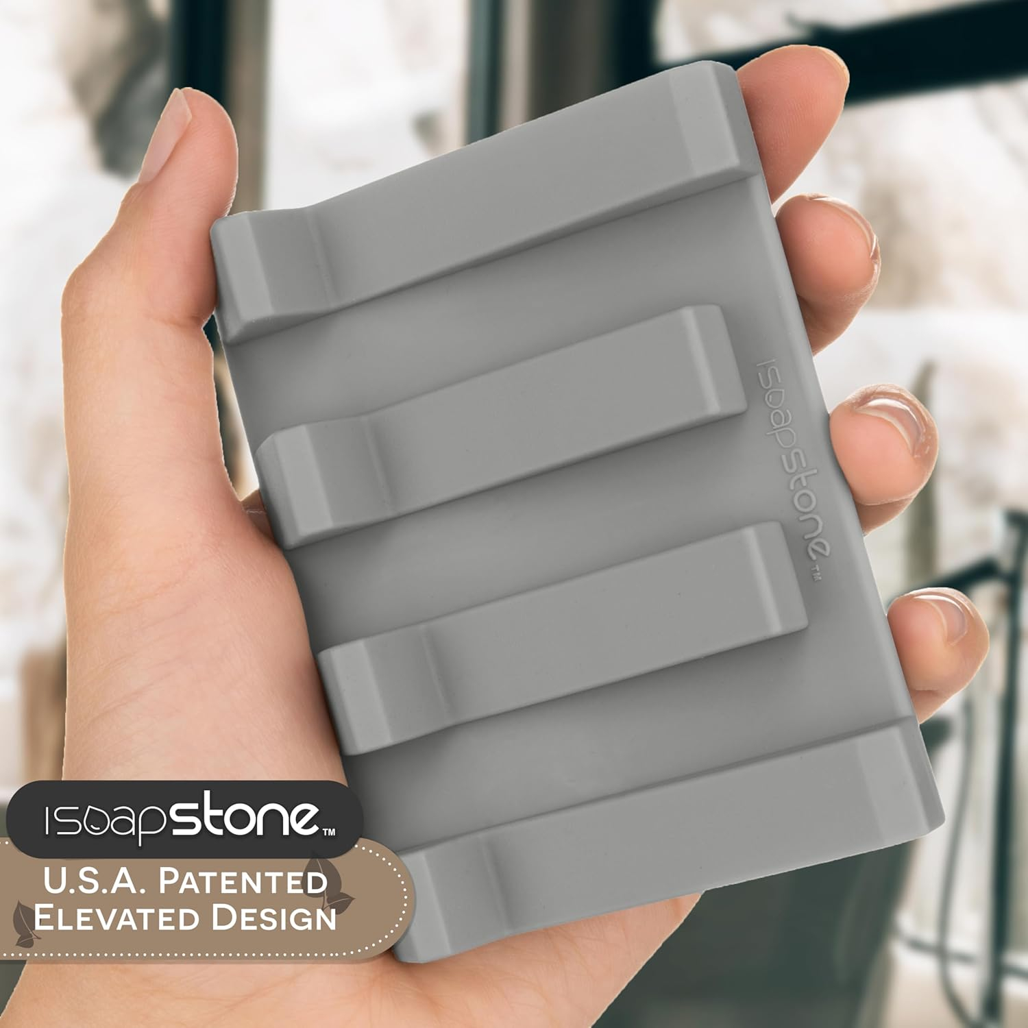 iSoapStone Premium Self-Draining Silicone Soap Dish: Waterfall Bar Holder Tray with Drain Saver, Anti-Slip Kitchen & Bathroom Accessory for Sponges and Bar Soaps - Patent-Pending Design (Light Grey)