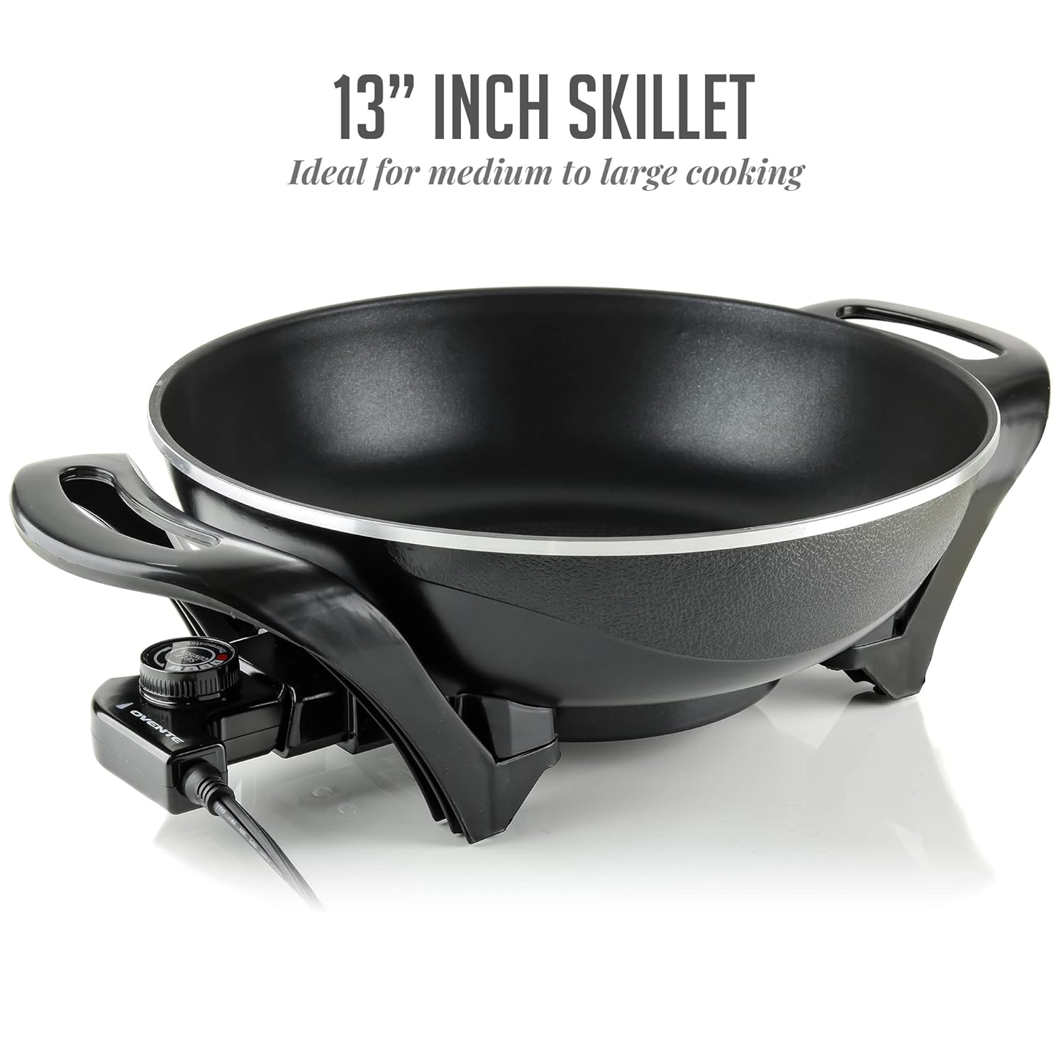 OVENTE Electric Wok with Nonstick Coating, 13 Inch Family-Sized Skillet, 1400W Power, Adjustable Temperature, Tempered Glass Lid, Cool Touch Handles and Easy to Clean Frying Surface, Black SK3113B