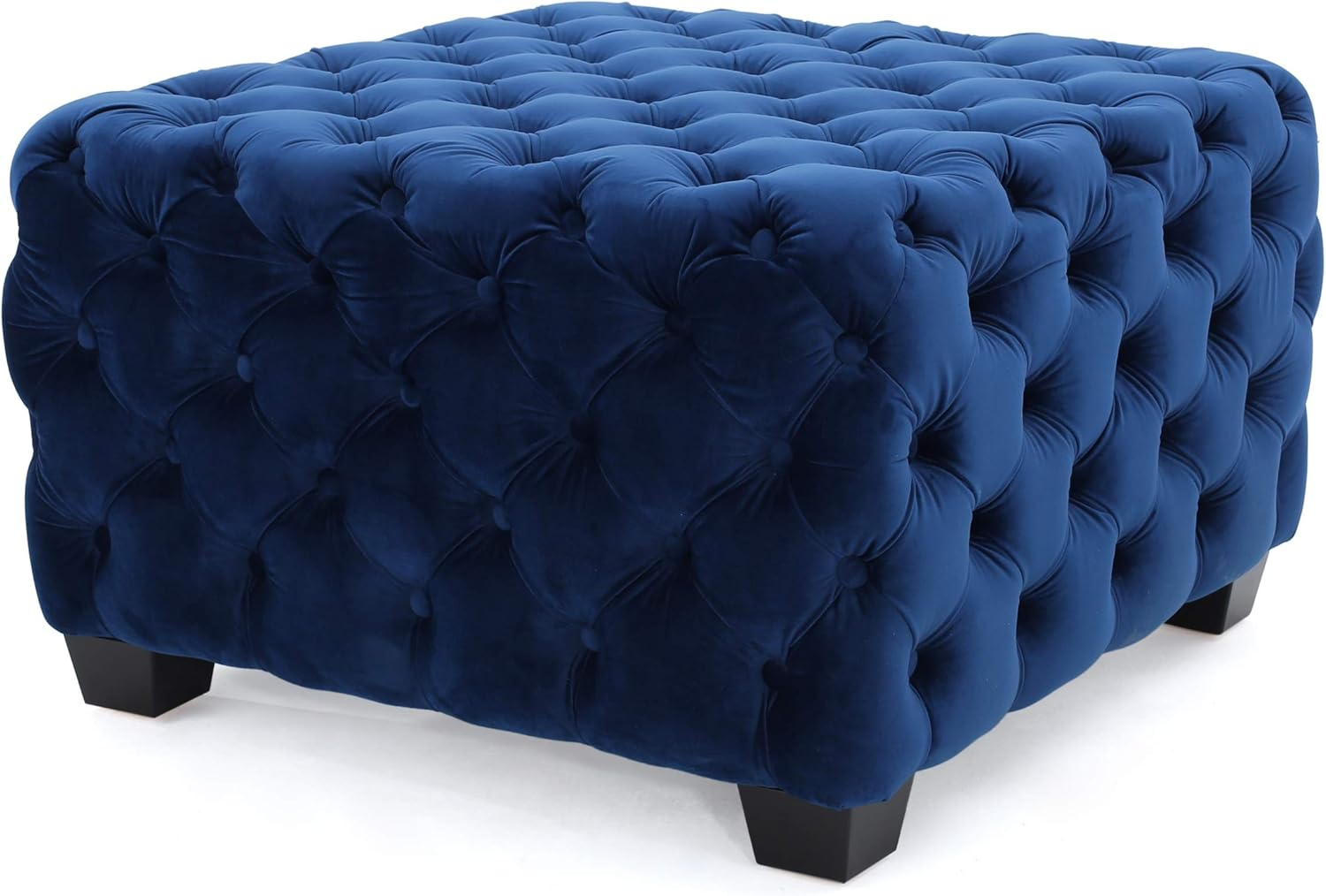 Thaurin Modern Glam Button Tufted Velvet Ottoman, Navy Blue and Dark Brown