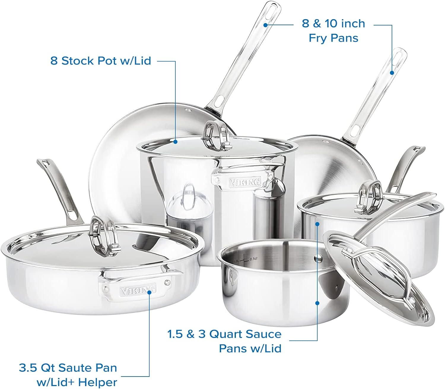 Viking Culinary 3-Ply Stainless Steel Cookware Set with Metal Lids, 10 Piece, Dishwasher, Oven Safe, Works on All Cooktops including Induction