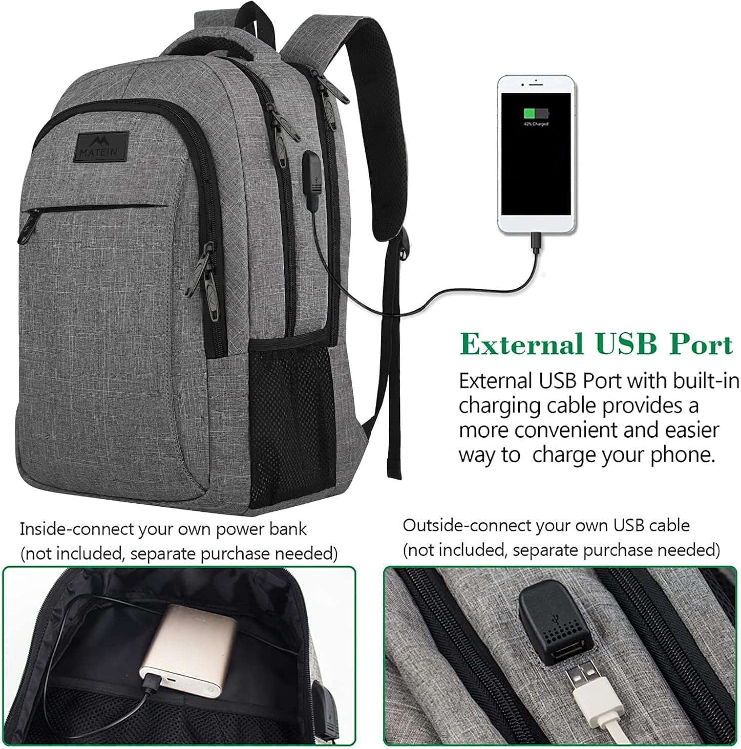Gray Anti-Theft Water Resistant Laptop Backpack with USB Port