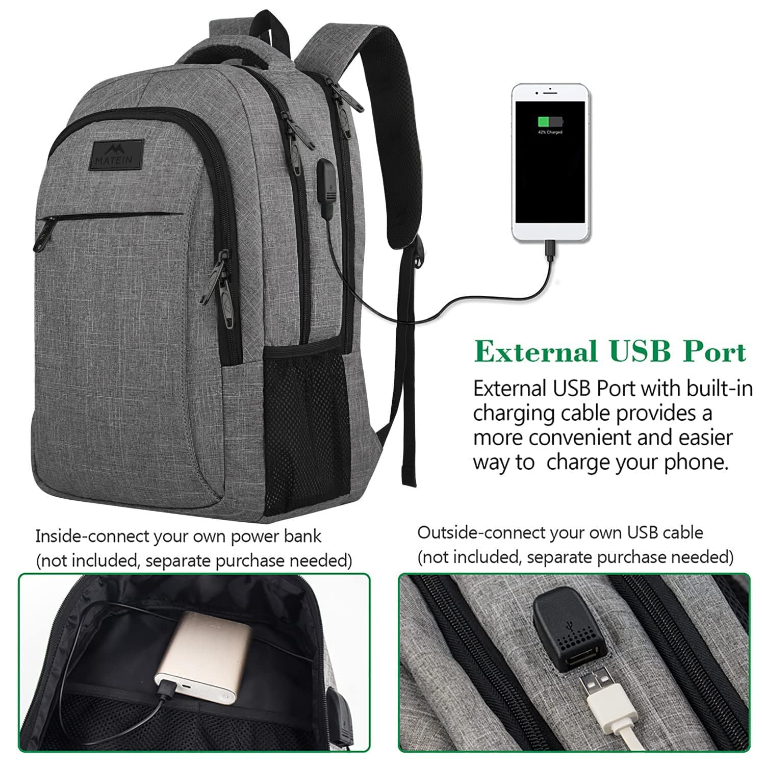 Gray Anti-Theft Water Resistant Laptop Backpack with USB Port