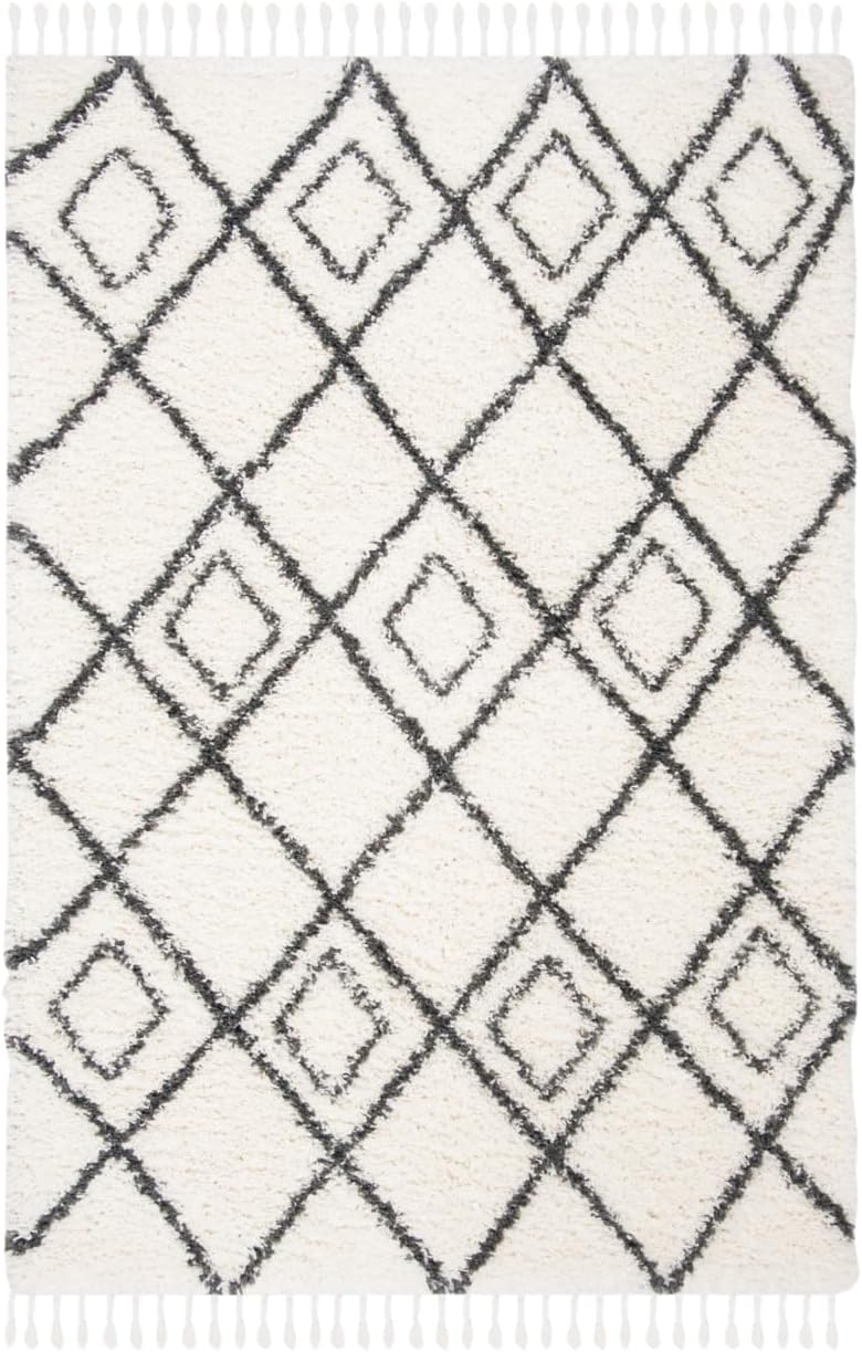 SAFAVIEH Moroccan Tassel Shag Comhgham Geometric Area Rug, Ivory/Dark Grey, 5'3" x 7'6"