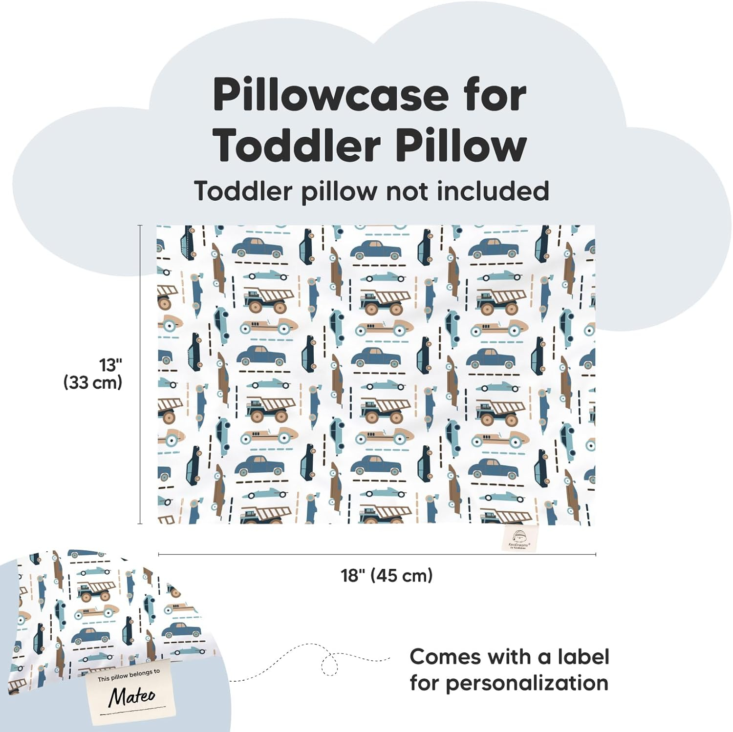 KeaBabies Toddler Pillowcase 13"x18" - Organic Cotton Toddler Pillowcase for Kids, Boys, Girls, Soft & Durable Cotton Cover for Miniature Sleepy Pillows, Cute Colors, Pillow Sold Separately (Vroom)