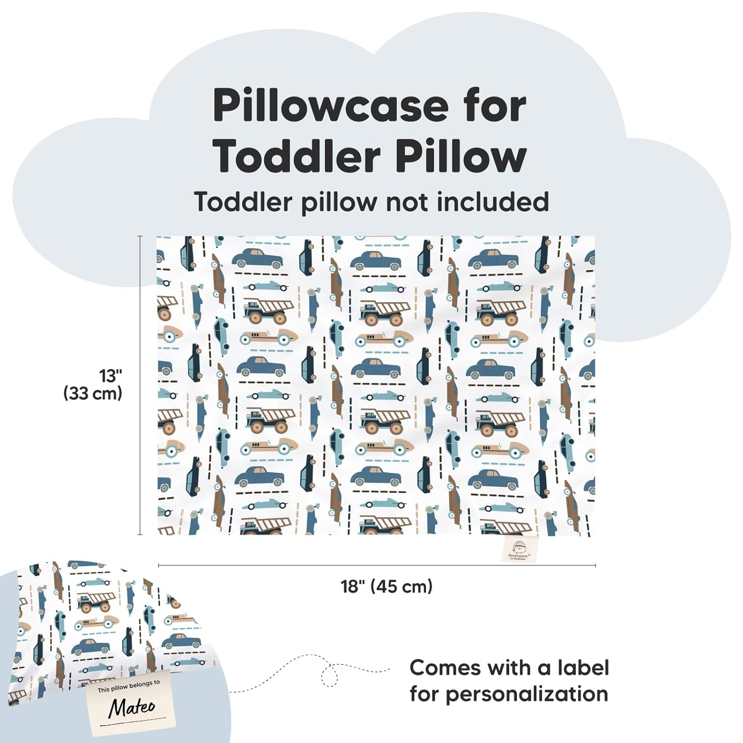 KeaBabies Toddler Pillowcase 13"x18" - Organic Cotton Toddler Pillowcase for Kids, Boys, Girls, Soft & Durable Cotton Cover for Miniature Sleepy Pillows, Cute Colors, Pillow Sold Separately (Vroom)