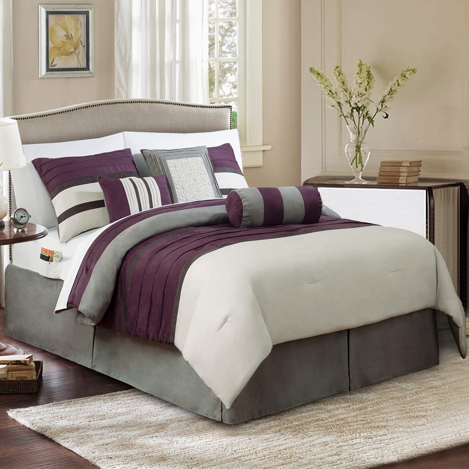 Elegant Comfort 12-Piece Bed-in-a-Bag, Cirena Microsuede Comforter Collection with 6-Piece Sheet Set, Smart Pockets and Decorative Pillows, All Season Bedding, 12PC Cirena, King, Purple