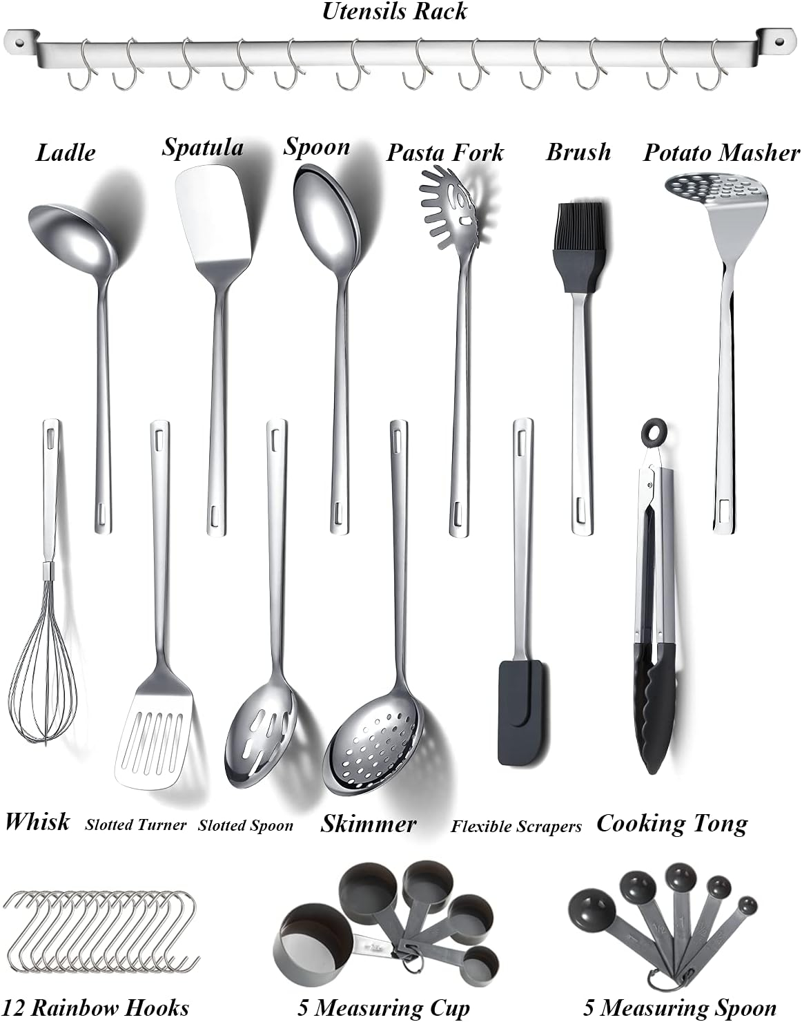 ReaNea Cooking Utensils Set Stainless Steel 37 Pieces Kitchen Utensils Set Kitchen Tool Gadgets with Hooks for Hanging