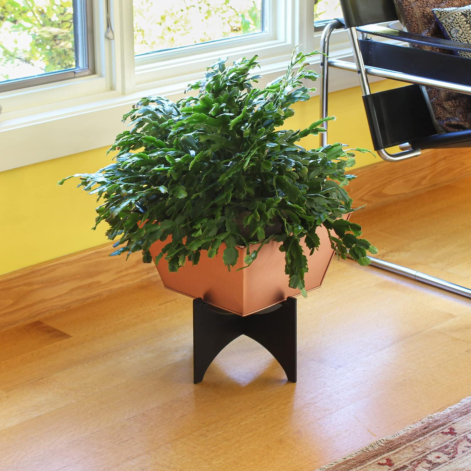 Copper Plated Square Plant Pot with Black Iron Stand