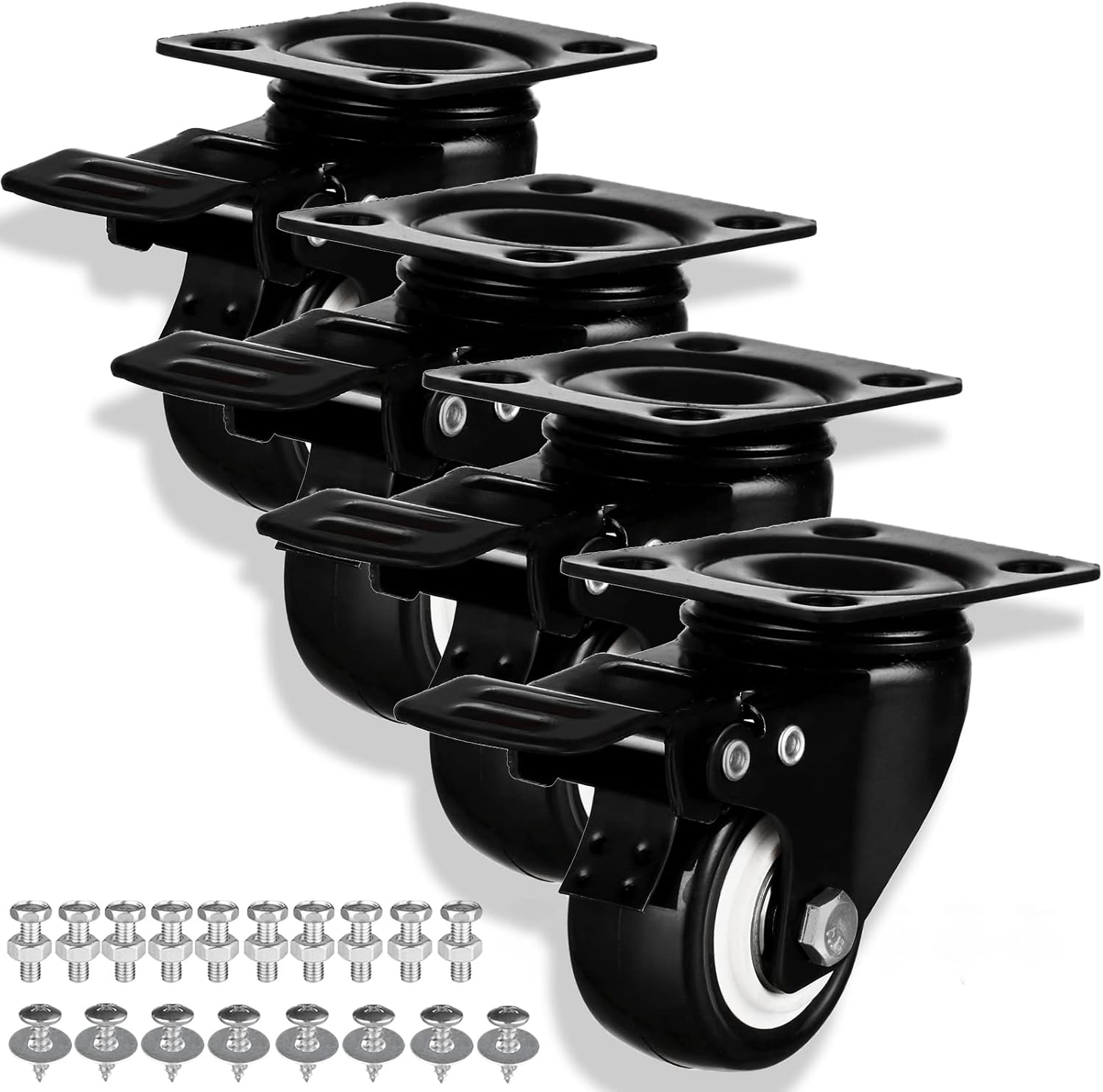 Casters Wheels Set of 4 Heavy Duty Swivel Casters 2" Double Locking Castor Wheels Set with Brake Industrial Polyurethane Metal Wheels for Workbench, Furniture, Cabinet, Wood Box, Outdoor Plate Casters