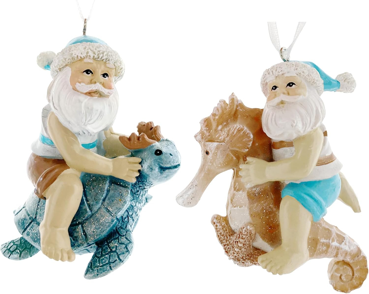 Sea Turtle Seahorse Ornaments - Beach Santa Riding Marine Animals Coastal Holiday Tree Decorations, Set of 2