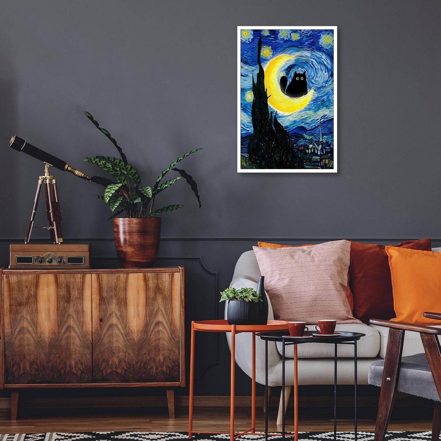 Starry Night Black Cat Canvas Wall Art 12x16
