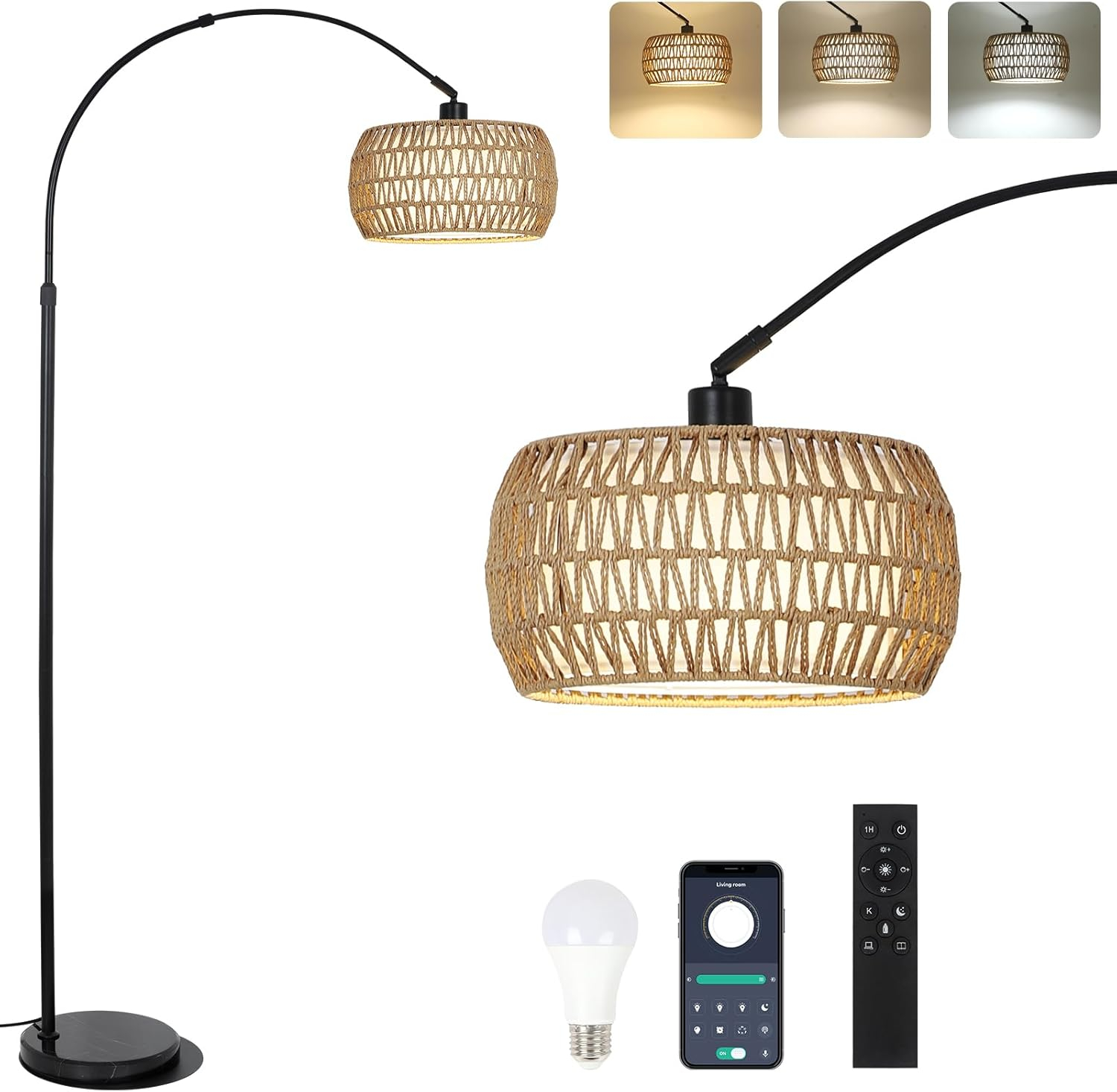 ROTTOGOON Boho Floor Lamp with Dimmable Bulb, Rattan &Linen Double Shades, Boho Standing Tall Lamps with Foot Switch, Bohemian Floor Lamps for Living Room, Bedroom, Office