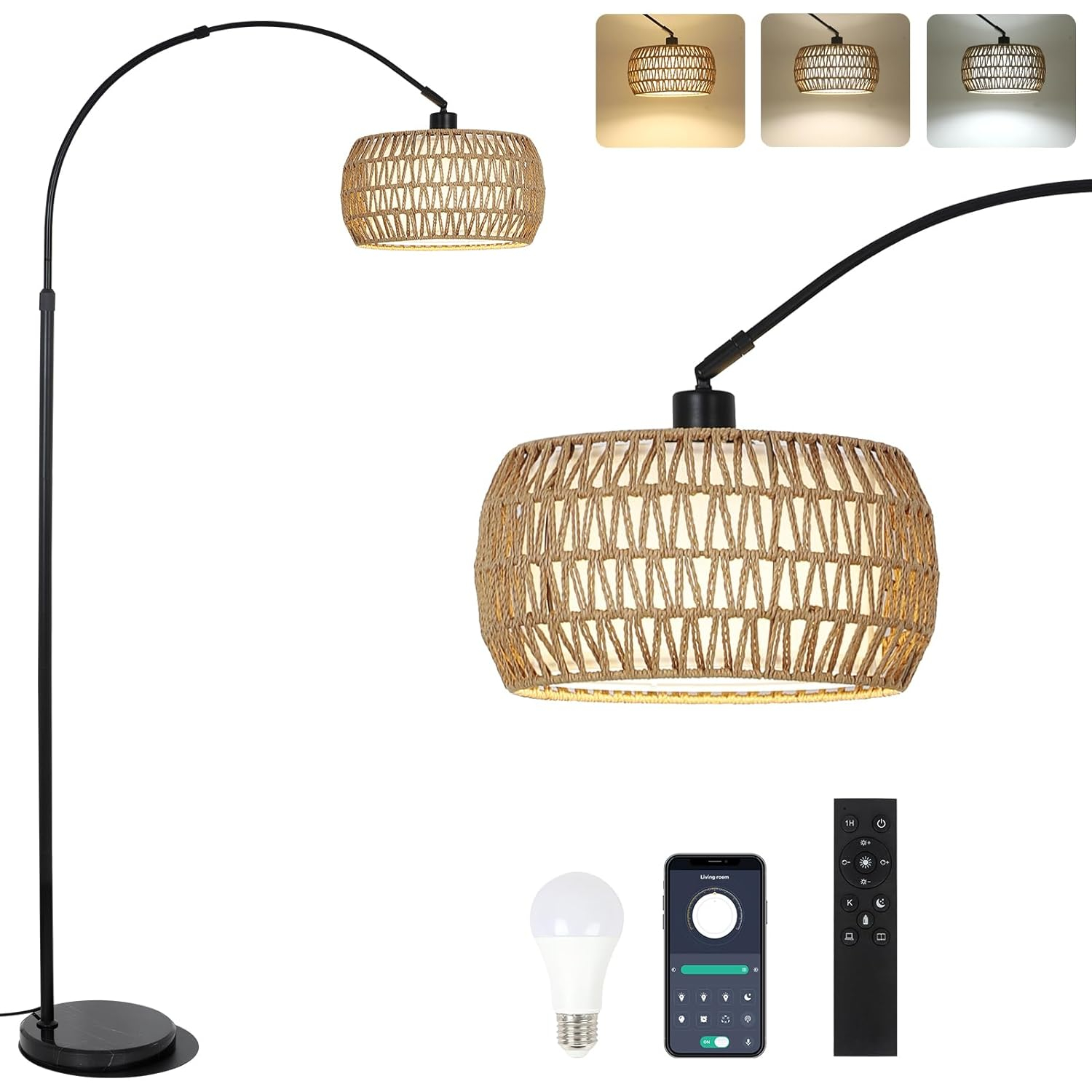 ROTTOGOON Boho Floor Lamp with Dimmable Bulb, Rattan &Linen Double Shades, Boho Standing Tall Lamps with Foot Switch, Bohemian Floor Lamps for Living Room, Bedroom, Office