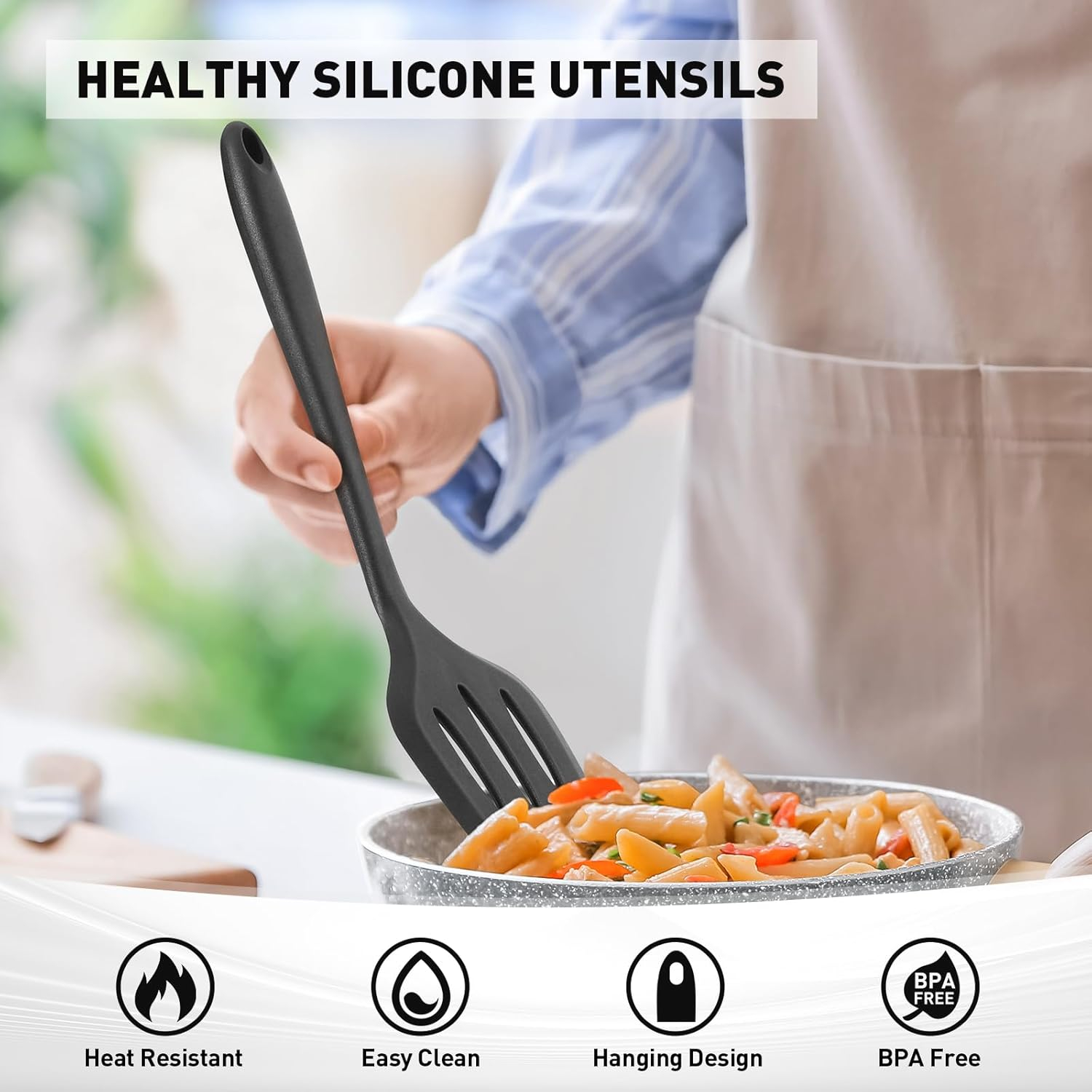 Duxtop Silicone Cooking Utensils Set 3 PCS Kitchen Utensils Set - 400 °F Heat-Resistant Utensils for Nonstick Cookware, Kitchen Cooking Tools with Turner & Ladle, Dishwasher Safe, BPA Free, Black C49