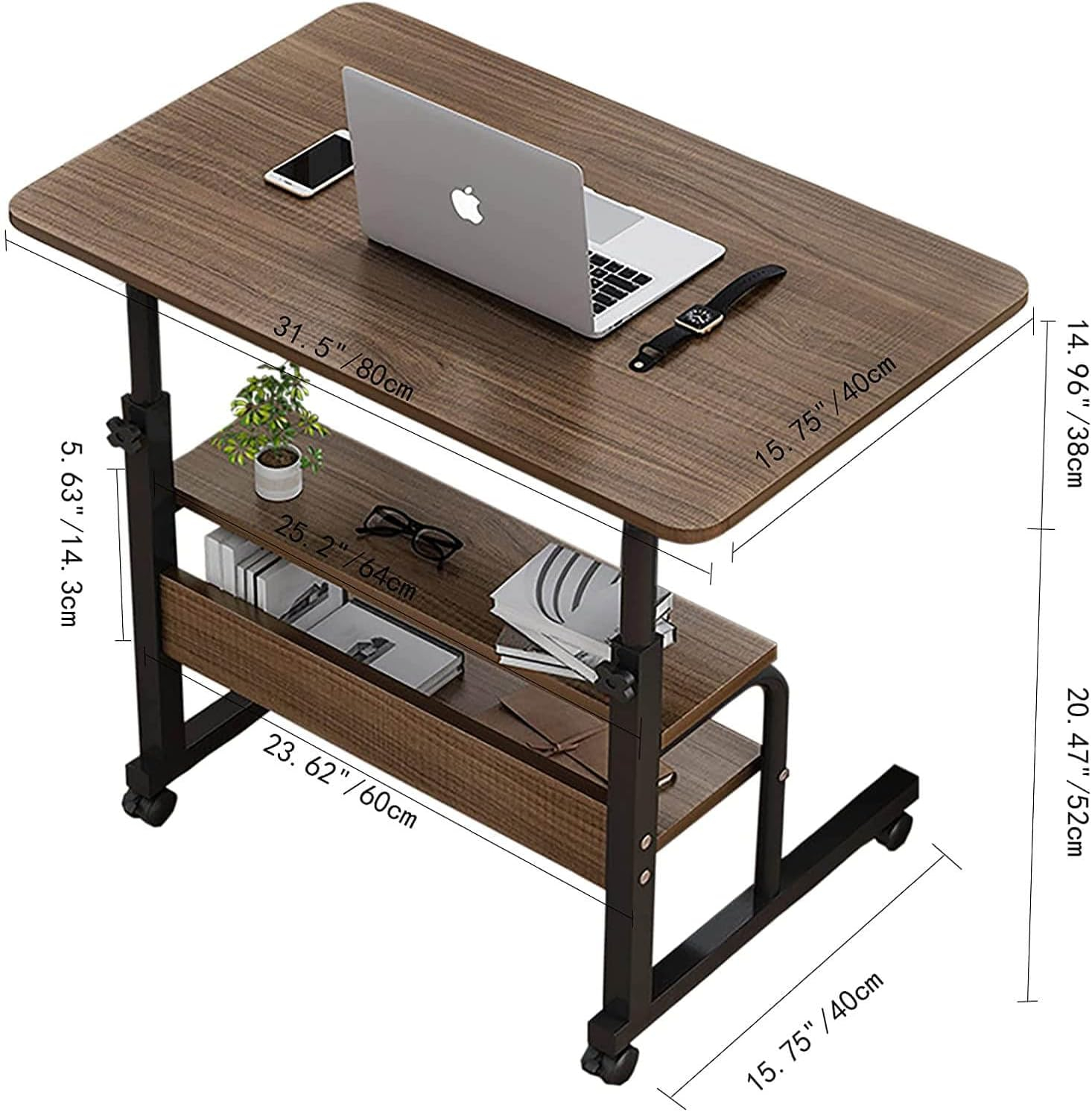 Adjustable Table Student Computer Desk Portable Home Office Furniture Small Spaces Sofa Bedroom Bedside Learn Play Game Desk on Wheels Movable with Storage Size 31.5 * 15.7 Inch Brown A