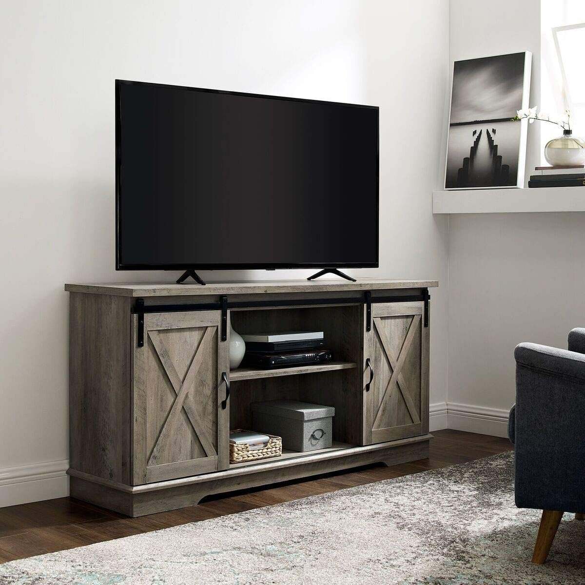58 inch Sliding Barn Door Grey Wash TV Console
