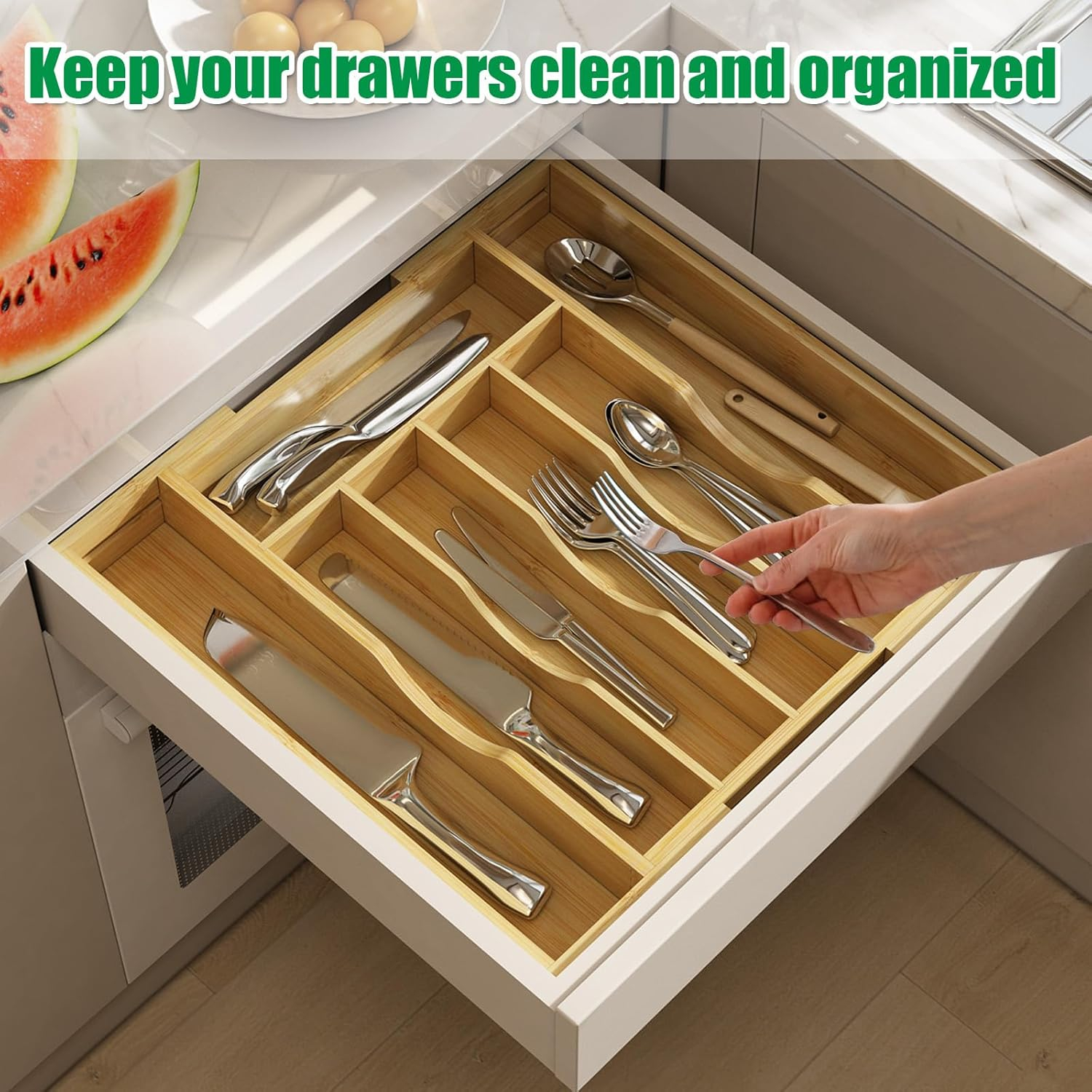 BAMBUROBA Bamboo Kitchen Drawer Organizer,Expandable Silverware Organizer,2 Pack Utensil Holder and Cutlery Tray with 7 Slots,Gadgets Storage Divider,Natural